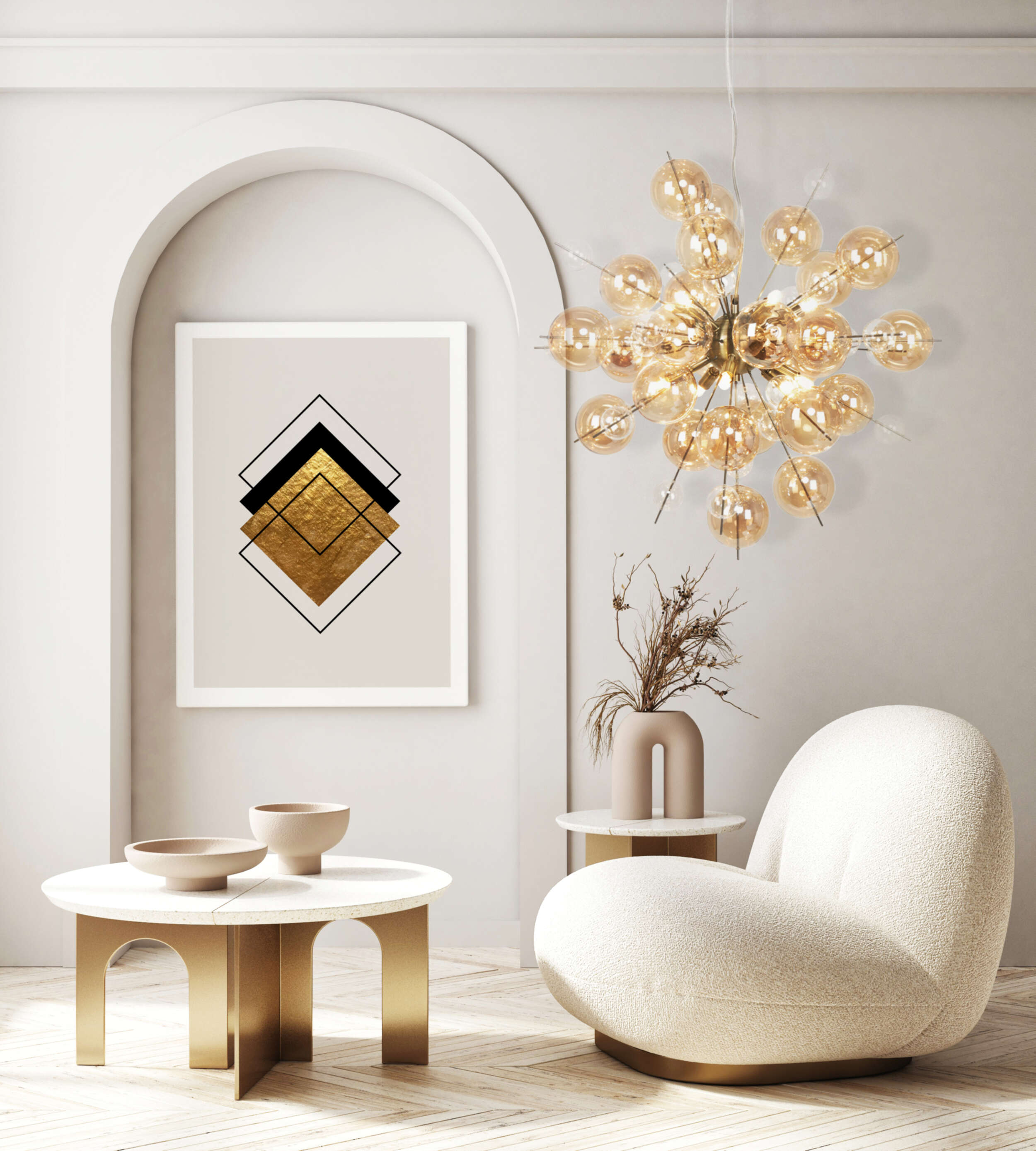Innenraum mit abstrakter Kunst, Kronleuchter und modernen Möbeln. Neutrale Töne.