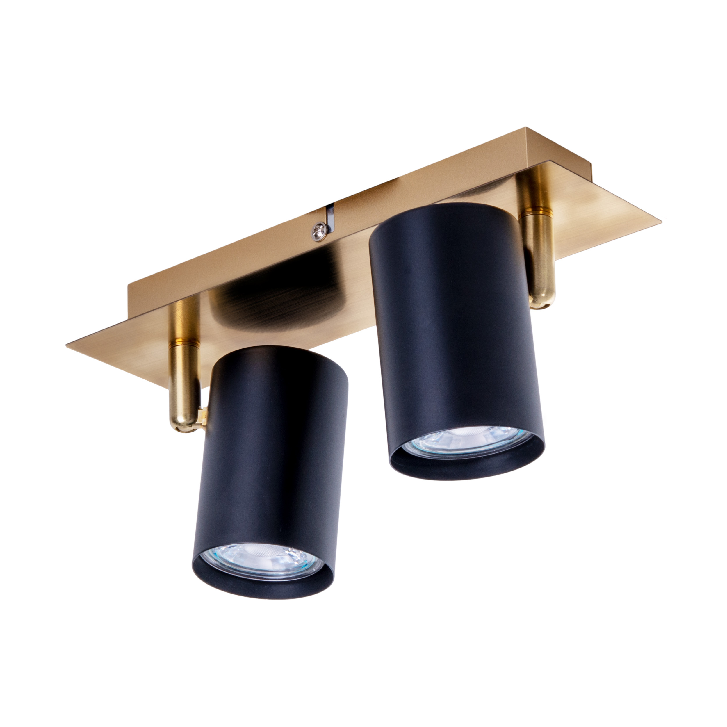 Goldene und schwarze Deckenleuchte mit zwei nach unten gerichteten schwarzen zylindrischen Lichtern.