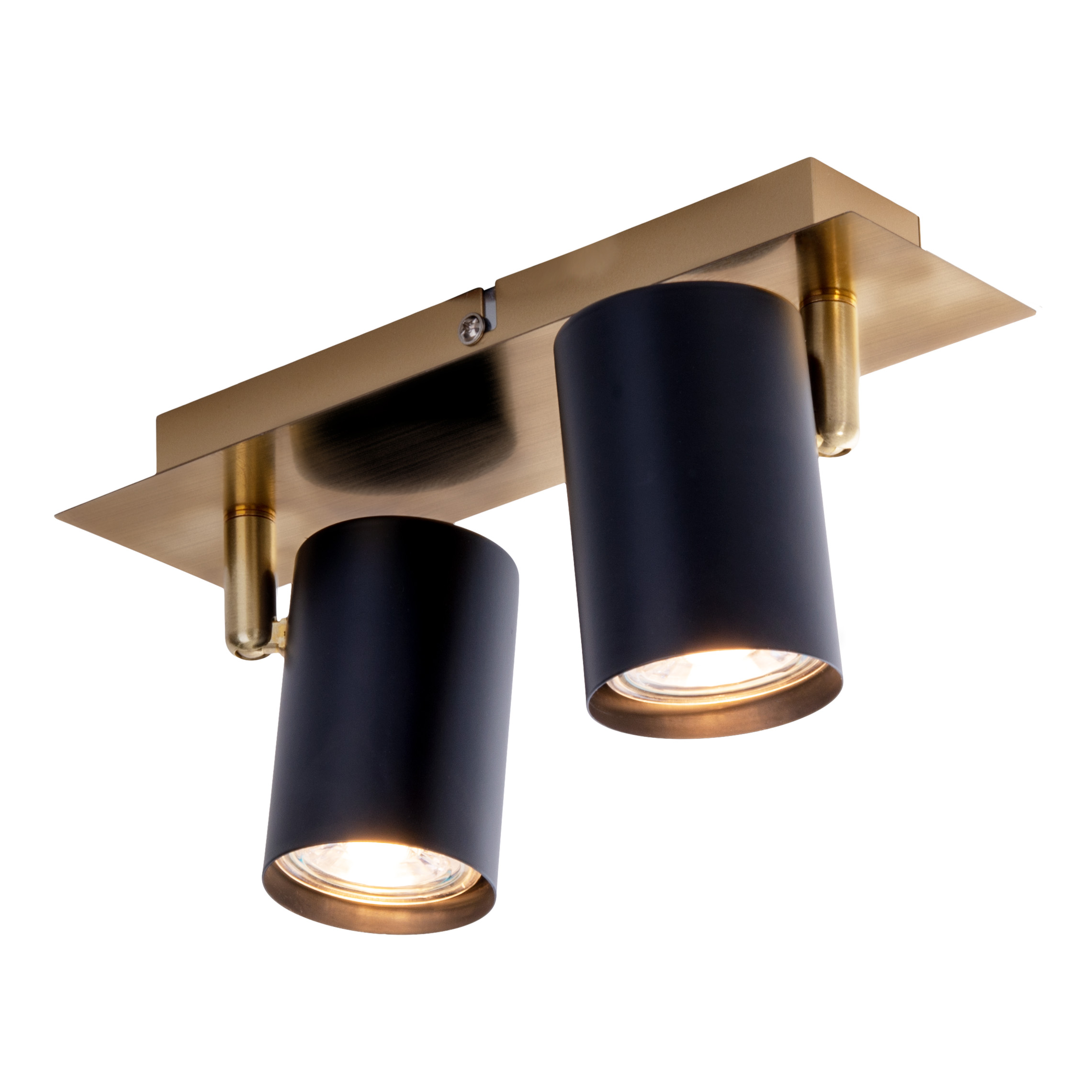 Zwei schwarze Strahler auf goldener rechteckiger Basis, angewinkelt, mit Licht an, weißer Hintergrund.