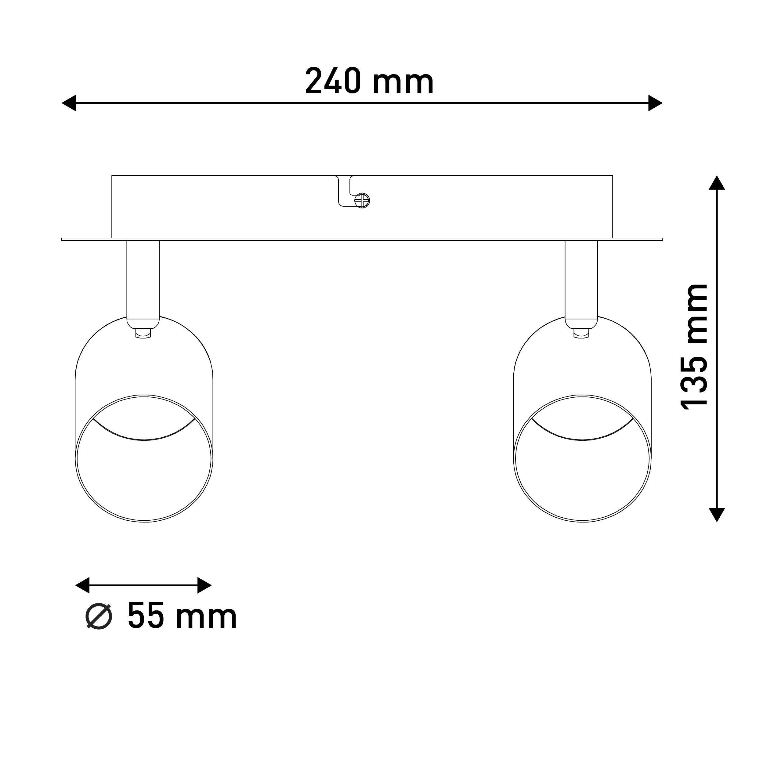 Ein Diagramm einer Lampe mit den Maßen 240 mm breit, 135 mm hoch und 55 mm Durchmesser.