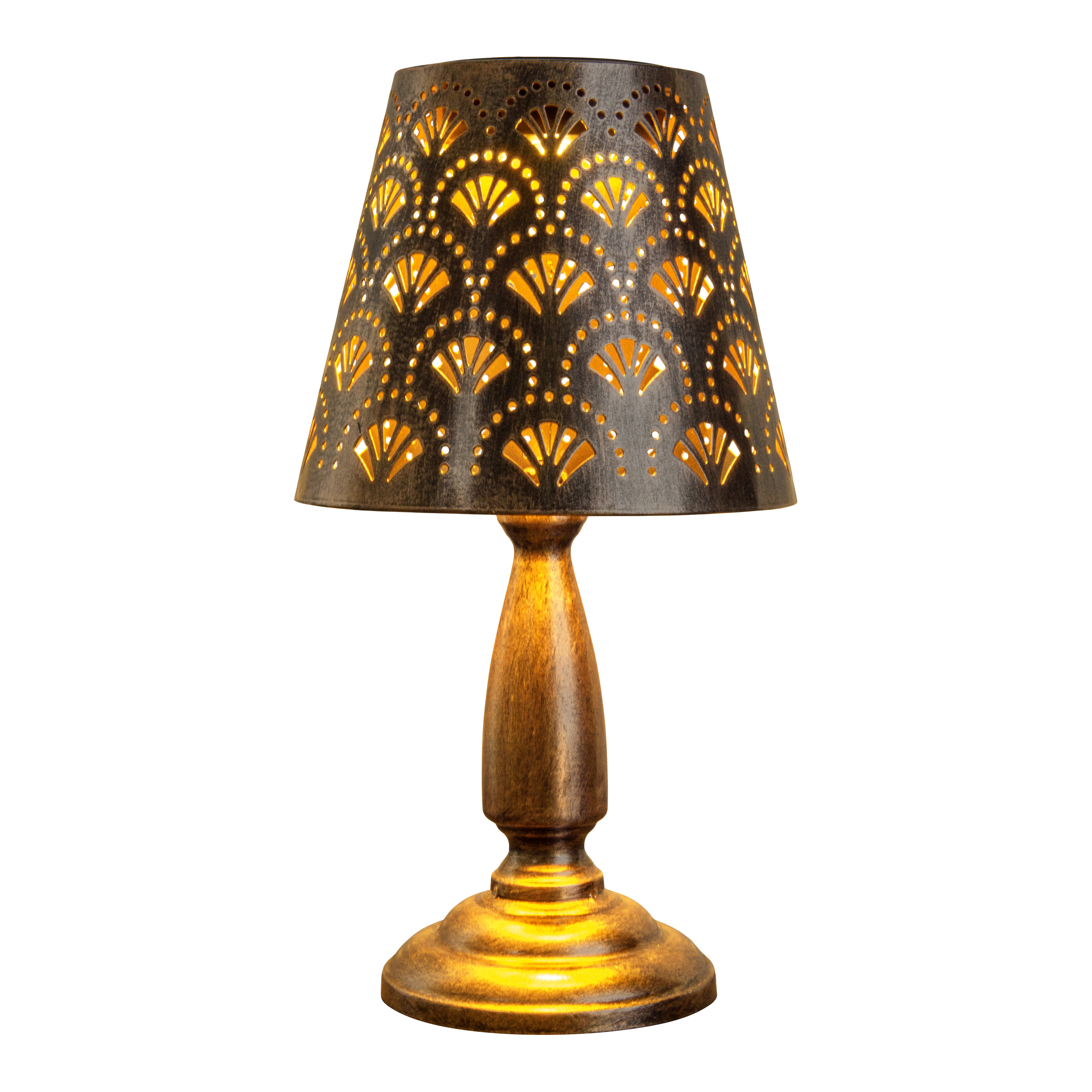 Bronze Tischlampe mit gemustertem Schirm. Der Sockel ist ebenfalls bronzefarben.