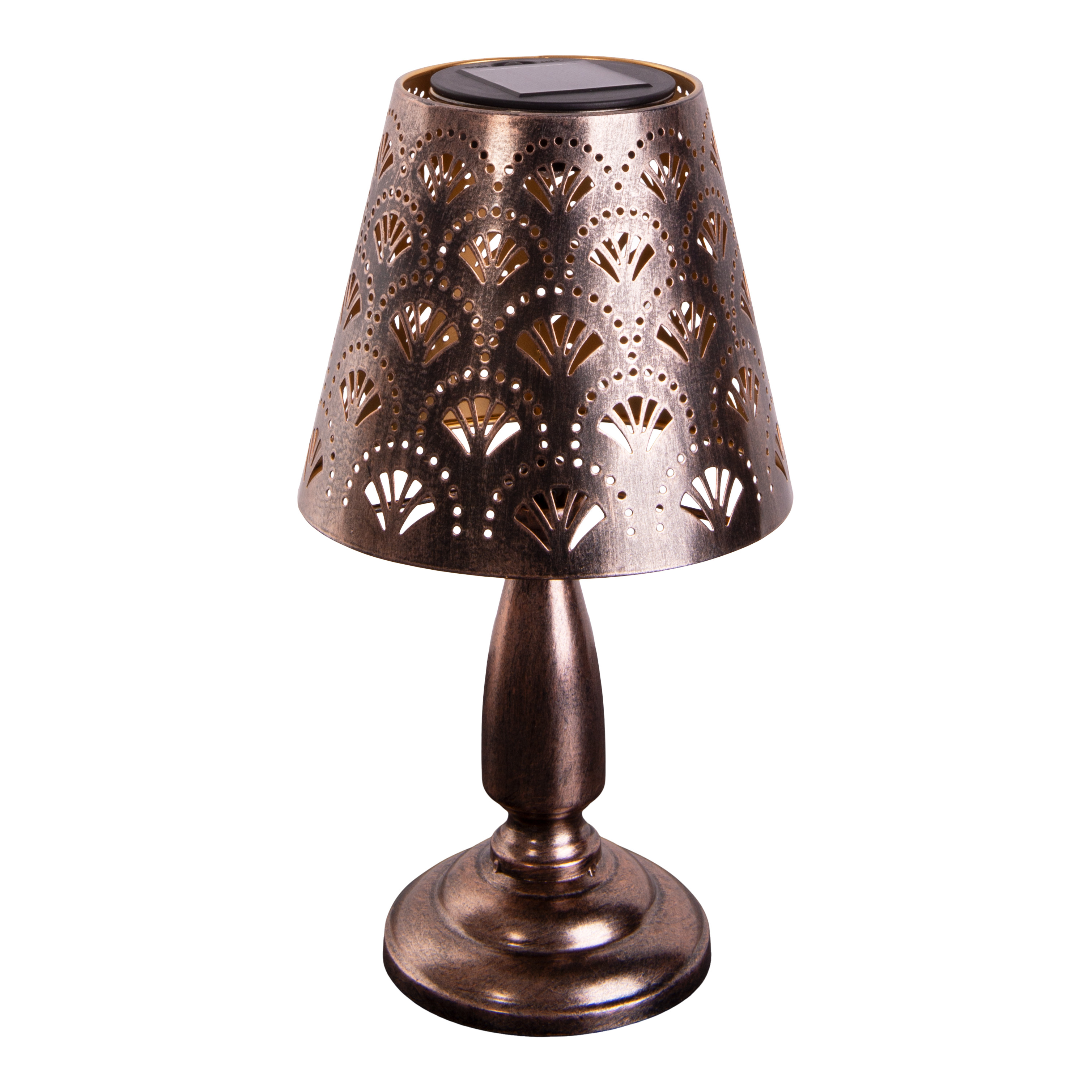 Solarbetriebene Tischlampe. Sie hat eine Bronzeausführung und einen dekorativen Lampenschirm.