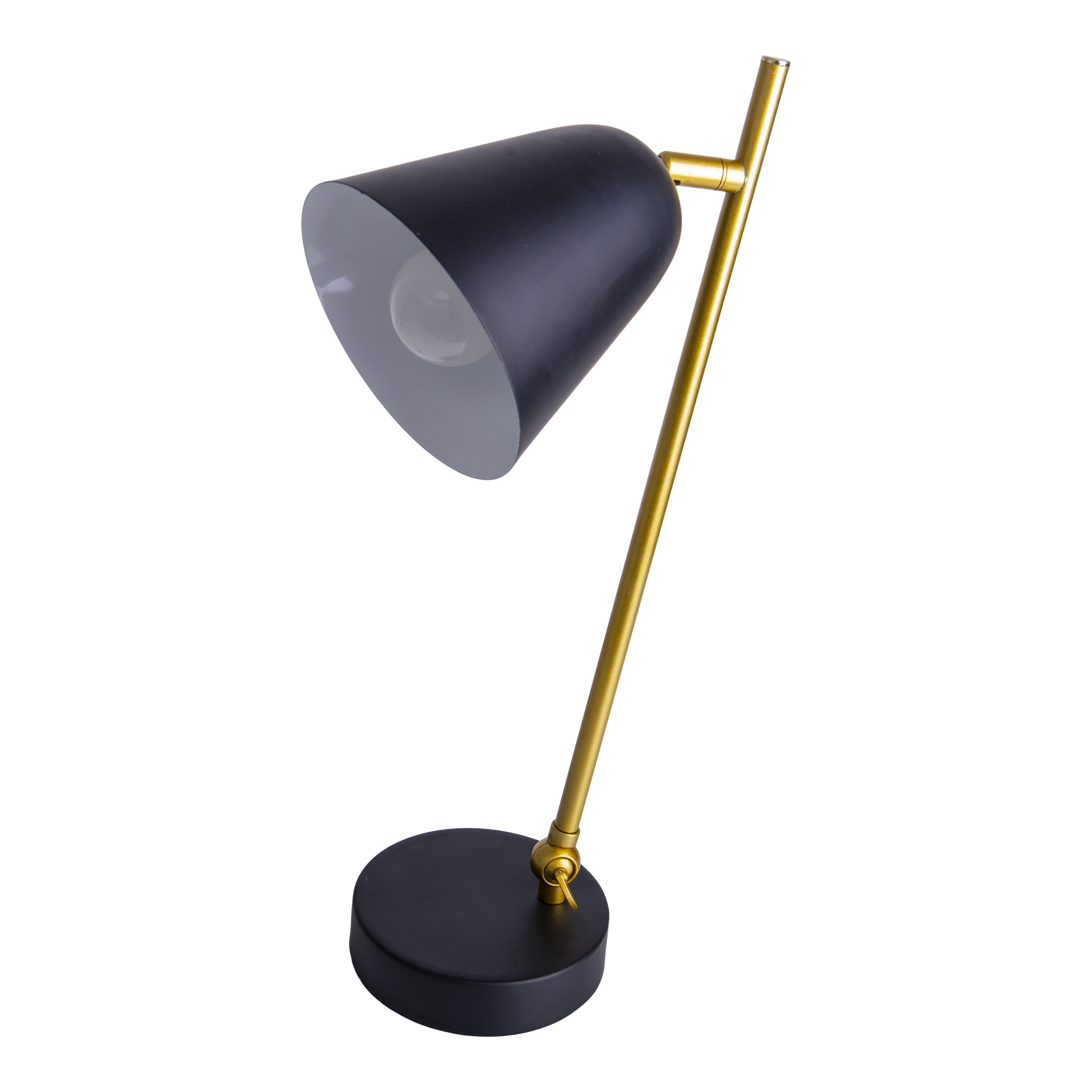 Eine schwarz-goldene Schreibtischlampe. Sie hat einen schwarzen Lampenschirm und einen goldenen Ständer.