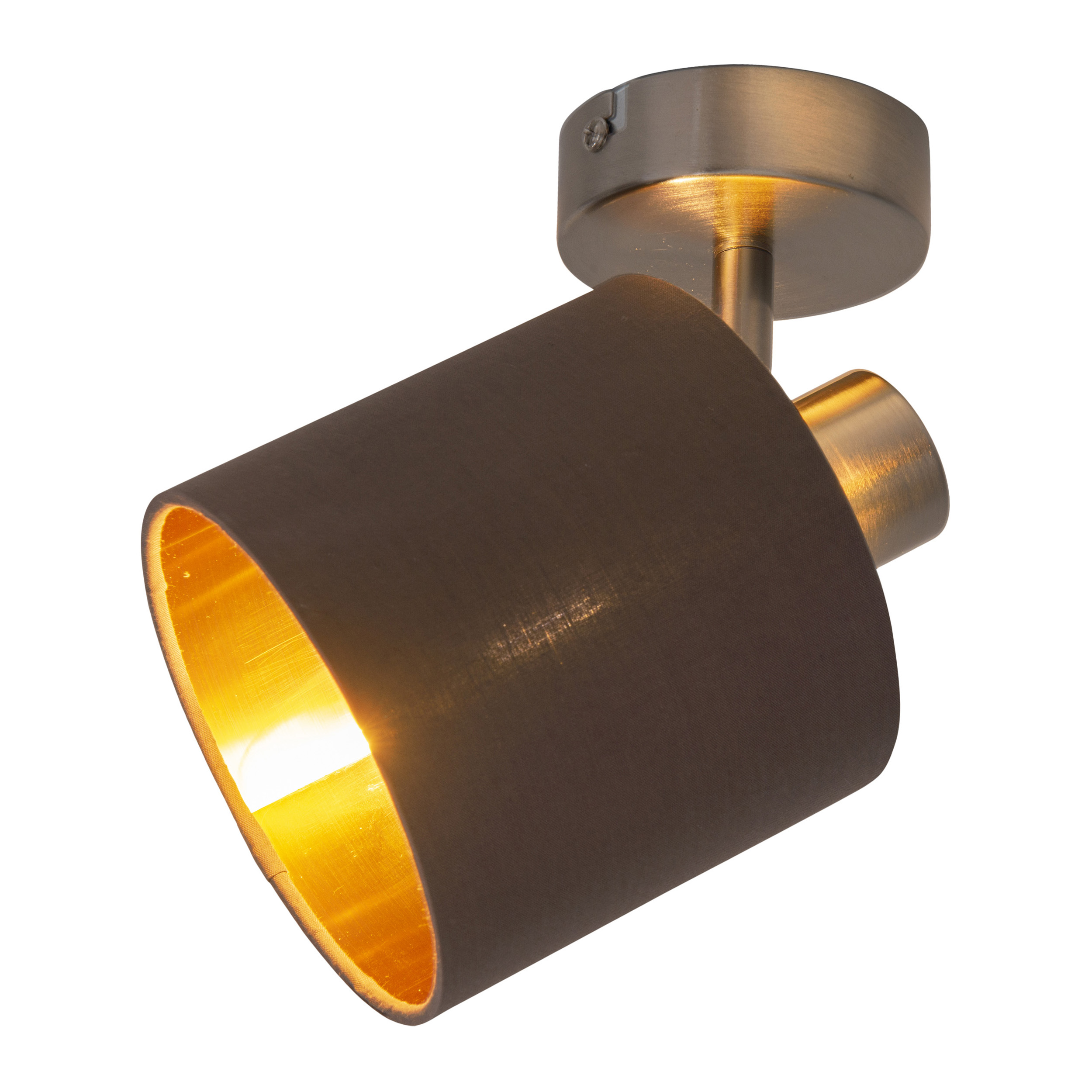 Eine braune und goldfarbene Strahlerlampe auf weißem Hintergrund.