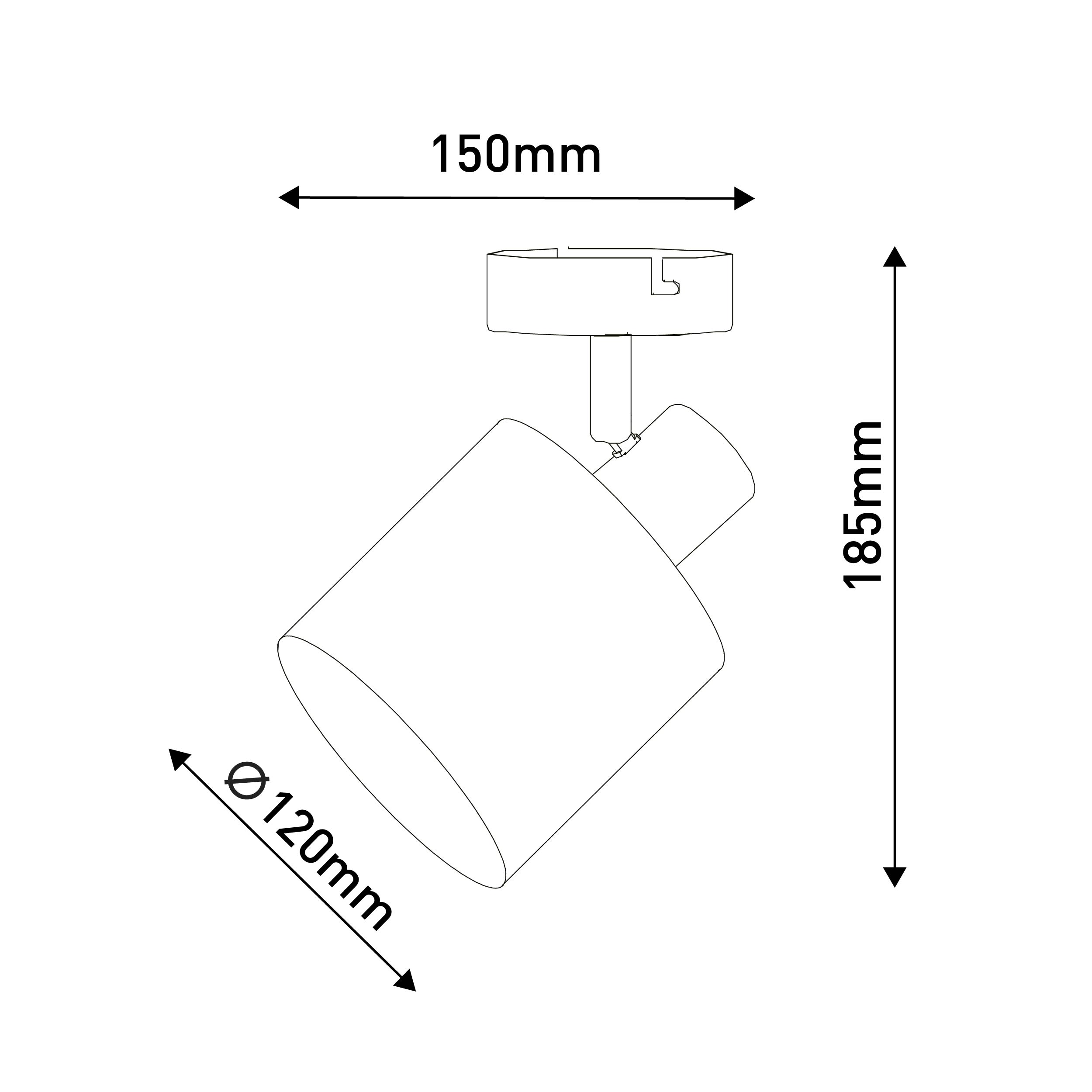 Strichzeichnung eines Strahlers mit Abmessungen: 150 mm Breite, 185 mm Höhe und 120 mm Durchmesser.