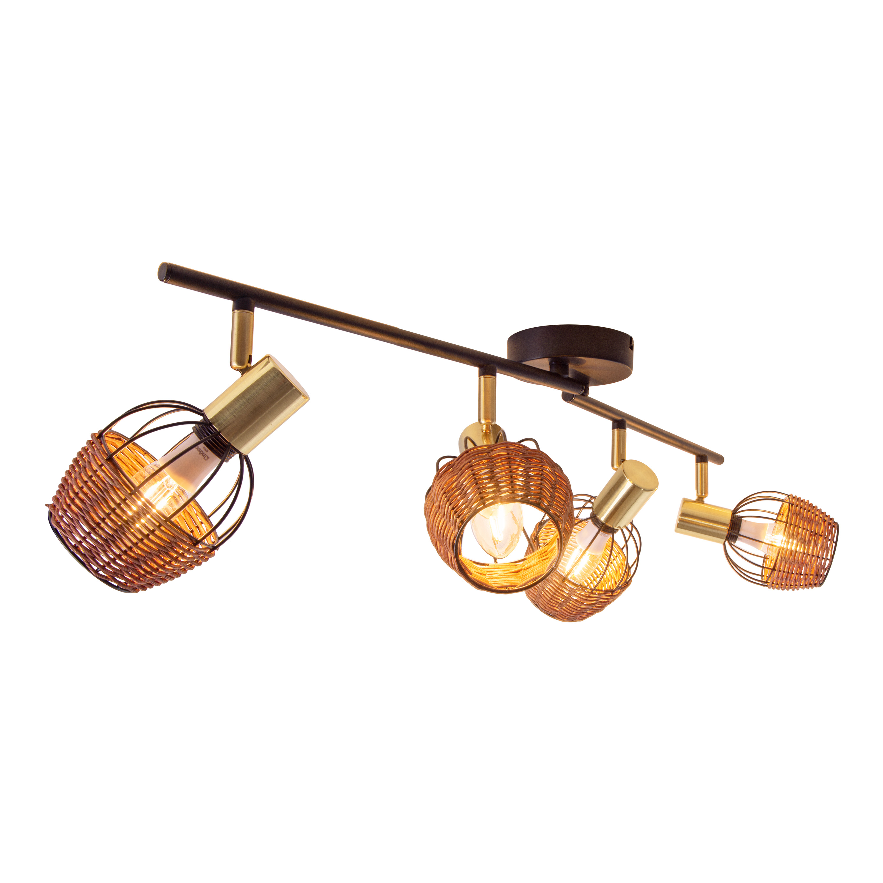 Eine Deckenleuchte mit drei gewebten Lampen. Die Leuchte ist schwarz, die Lampen sind gold und braun.