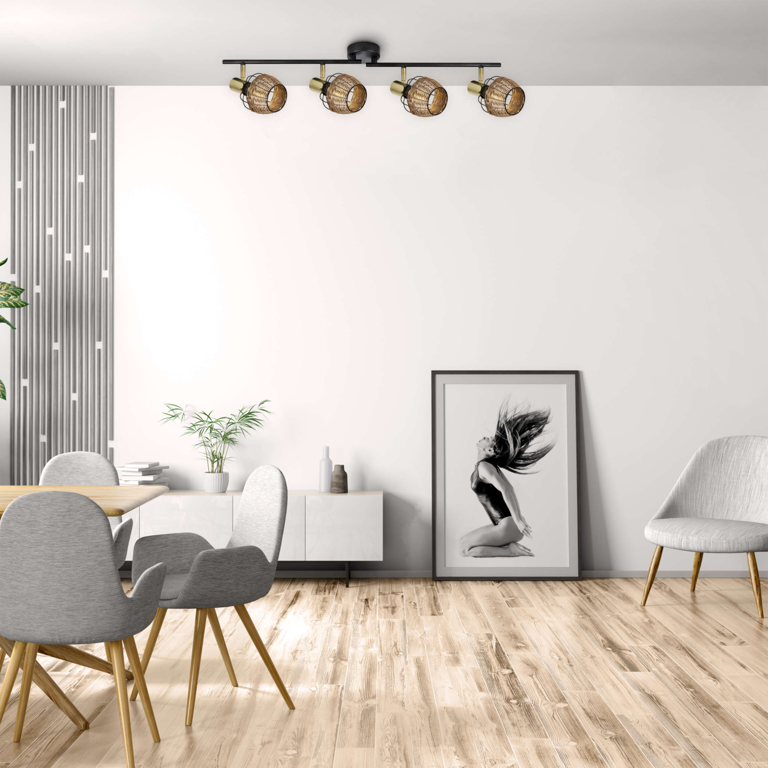 Modernes Esszimmer mit langem Tisch, grauen Stühlen, Kunst und Deckenstrahler.
