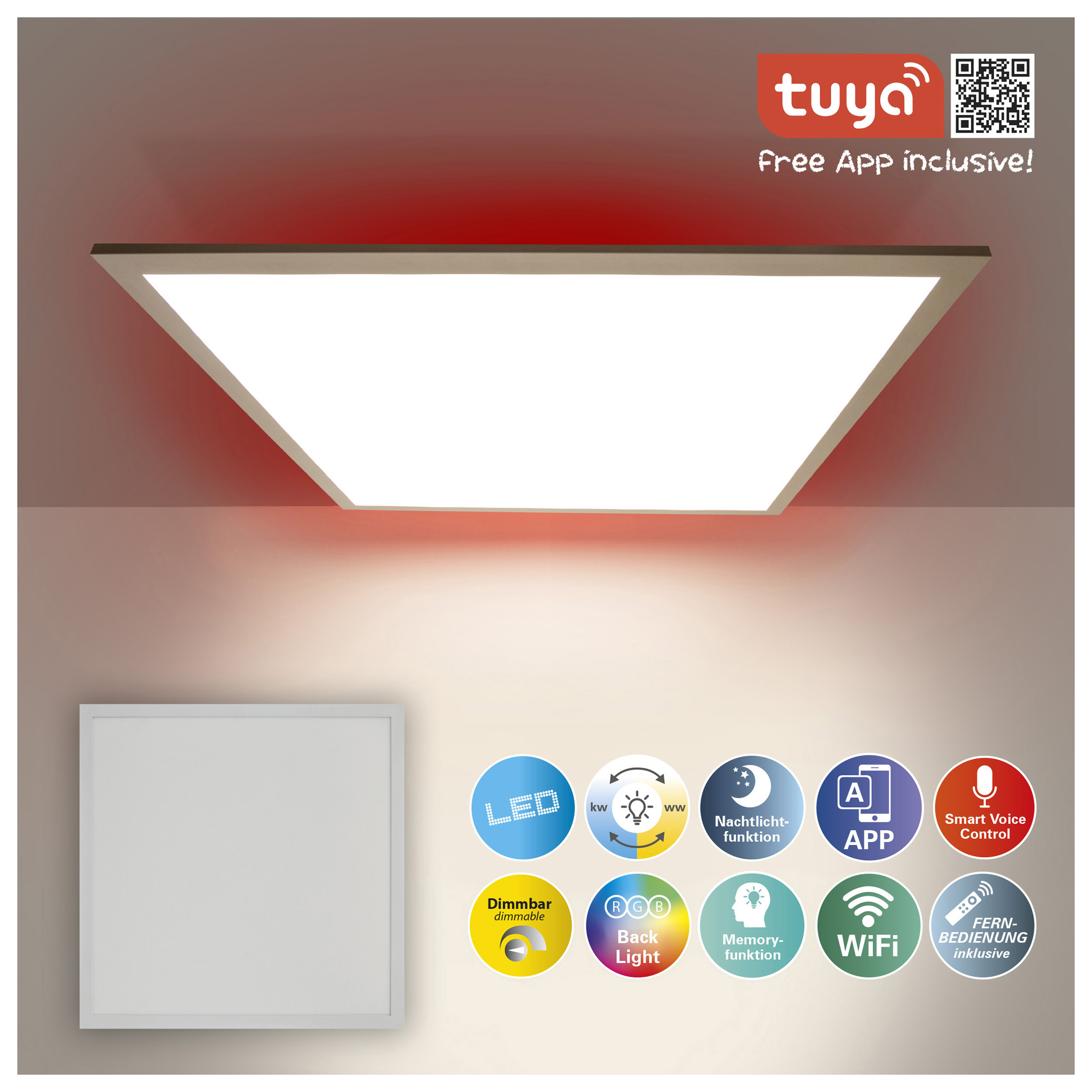 Quadratische LED-Deckenleuchte mit rotem Licht. Icons werden für Funktionen gezeigt. Tuya App erwähnt.