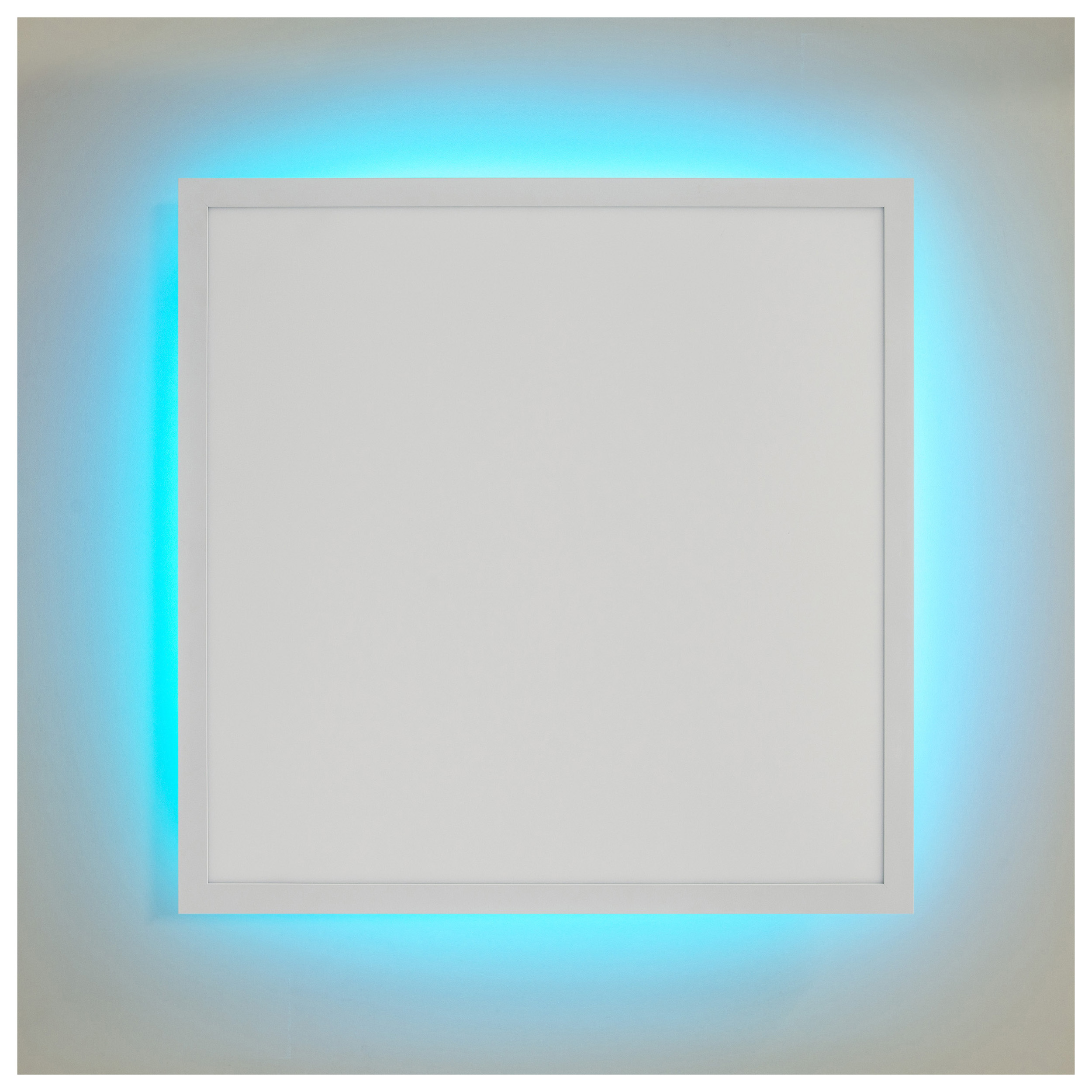 Ein weißes Quadrat mit blauem Licht, auf grauem Hintergrund.