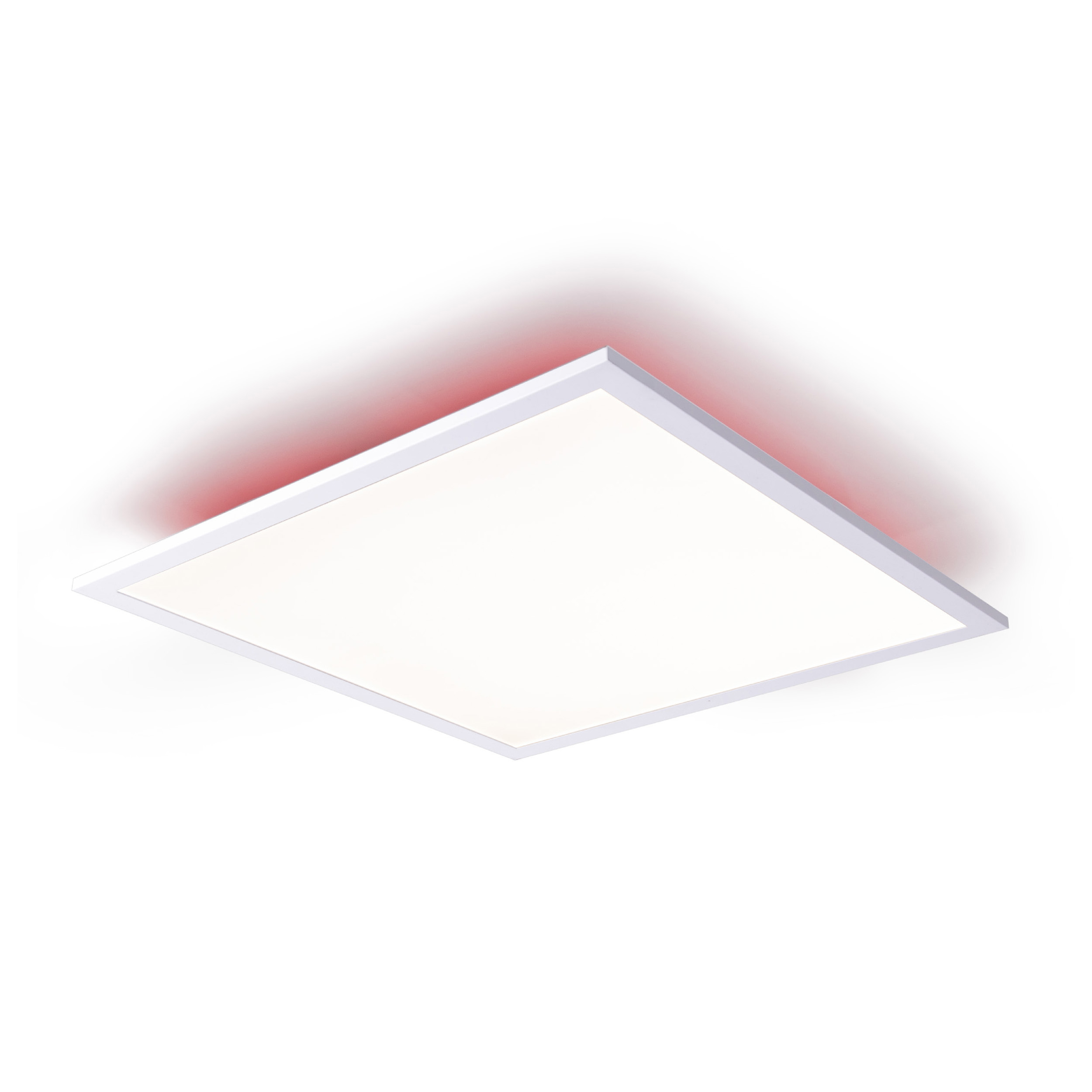 Quadratische weiße LED-Paneelleuchte mit rotem Schimmer an den Rändern.