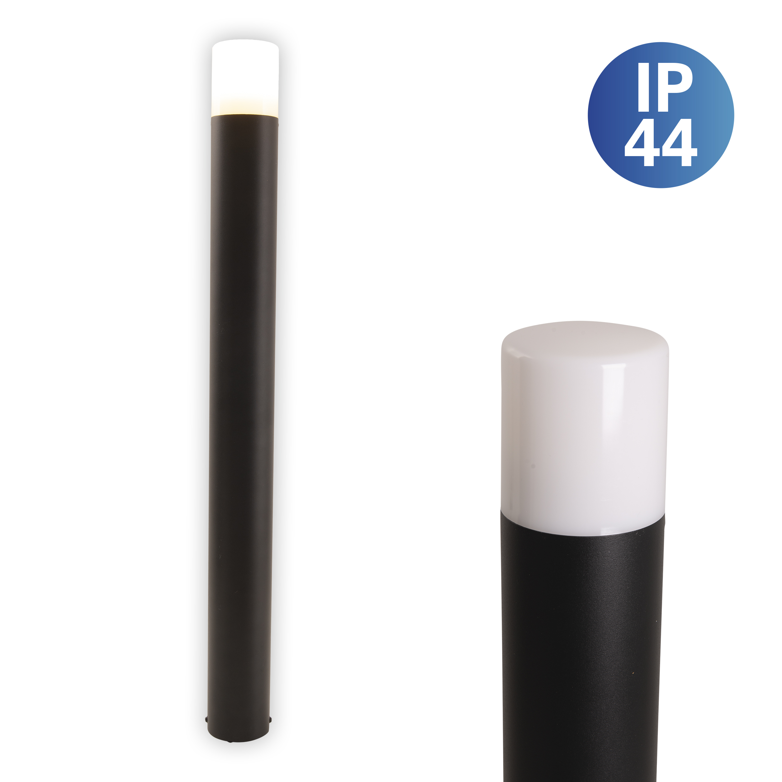 Schwarz-weiße Außenlampe, zylindrisches Design, zwei Lampen. Weißer Hintergrund.