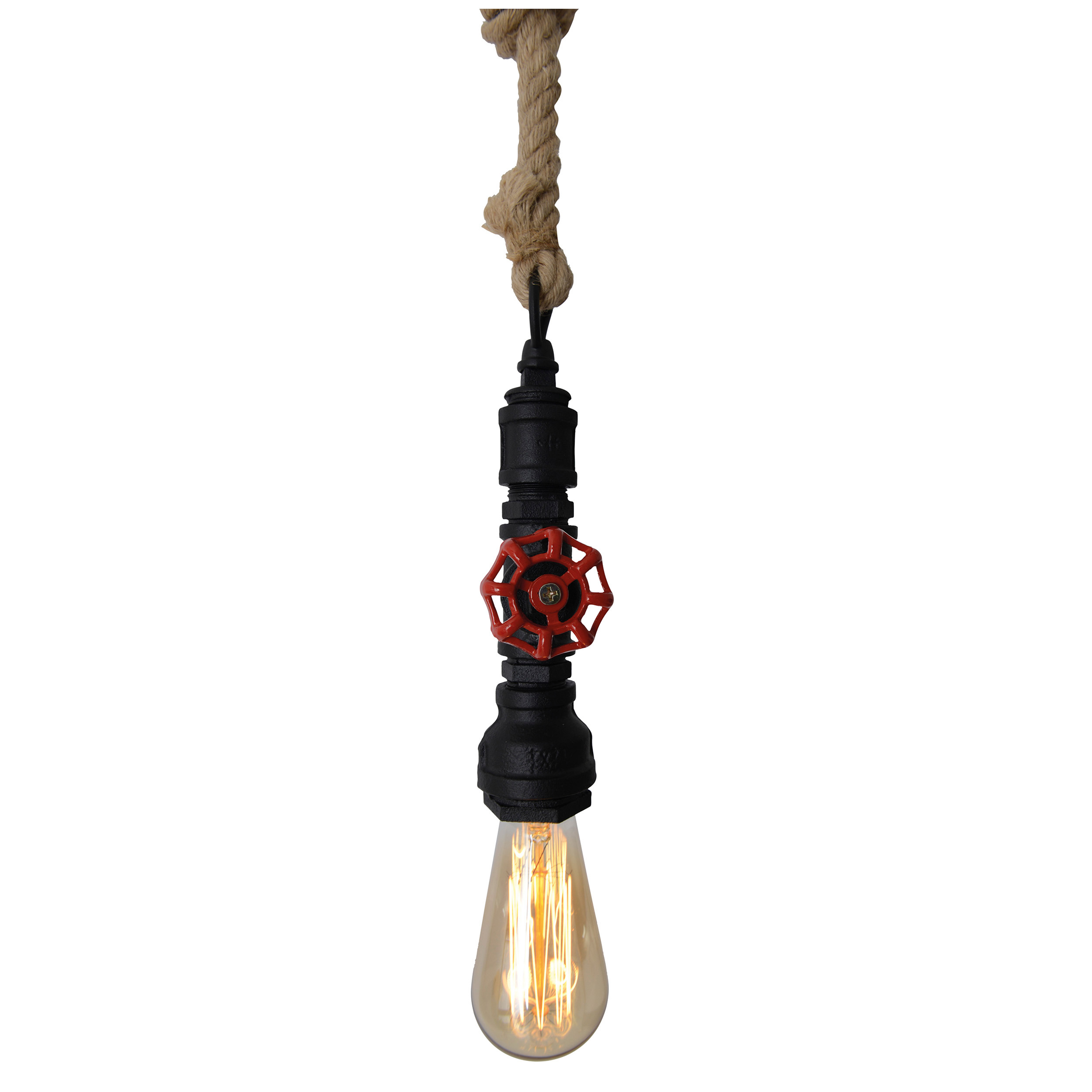 Hängende Leuchte im Industriestil. Schwarze Rohre, rotes Ventil und Edison-Glühbirne. Seilaufhängung.