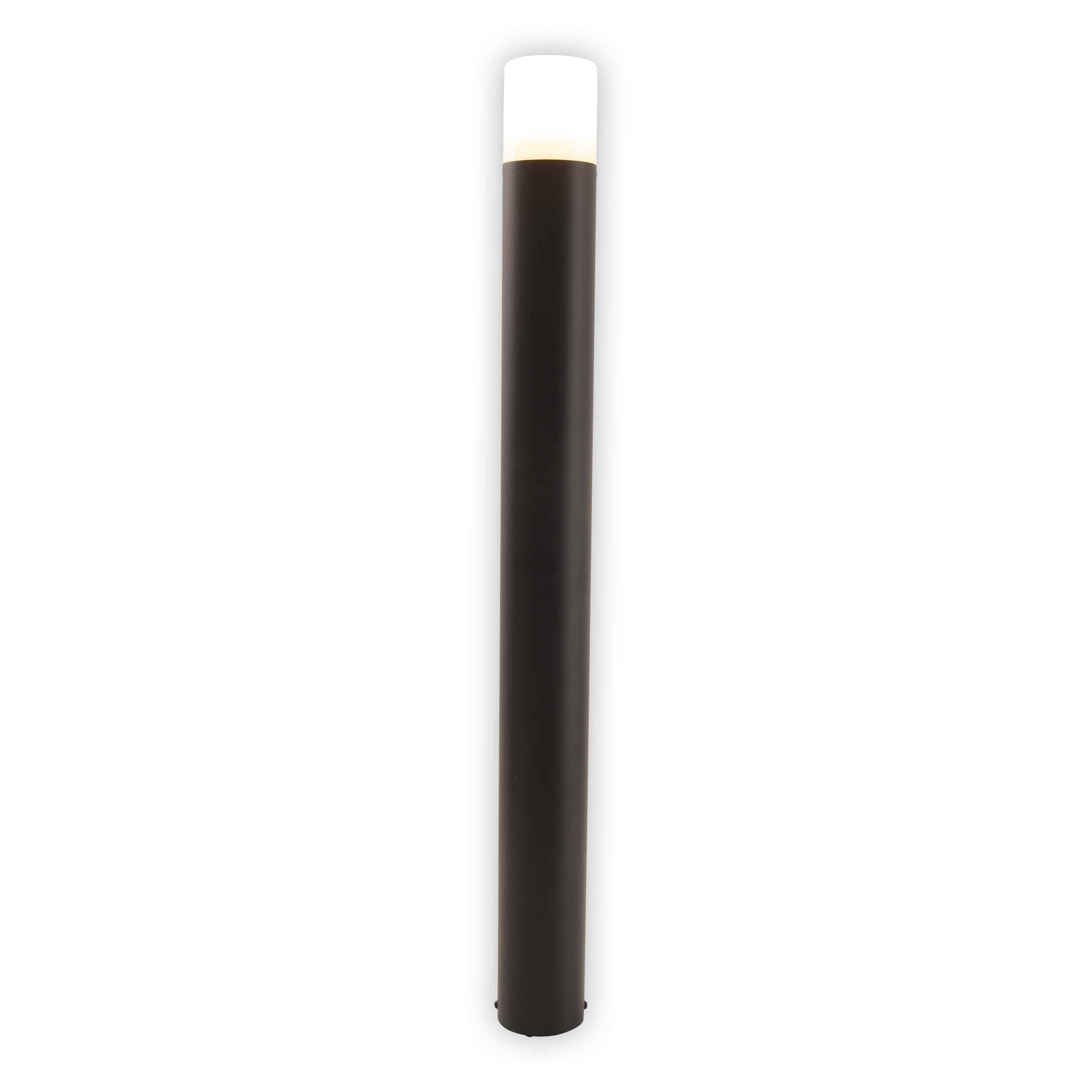 Schwarze zylindrische Außenlampe mit weißem Oberteil, isoliert auf weißem Hintergrund.