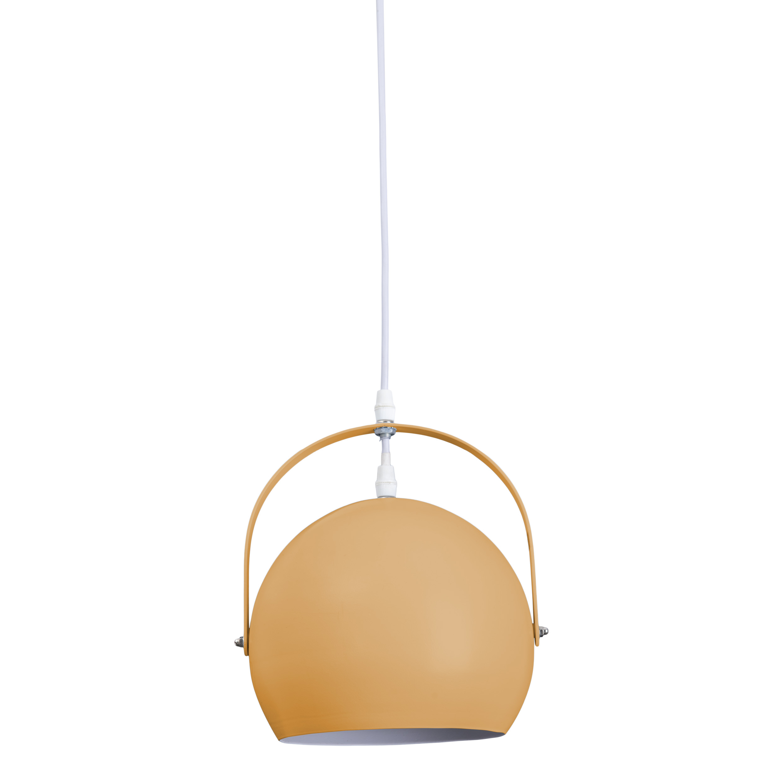 Orangefarbene Hängelampe mit weißem Kabel, gebogenem Griff und weißem Hintergrund.