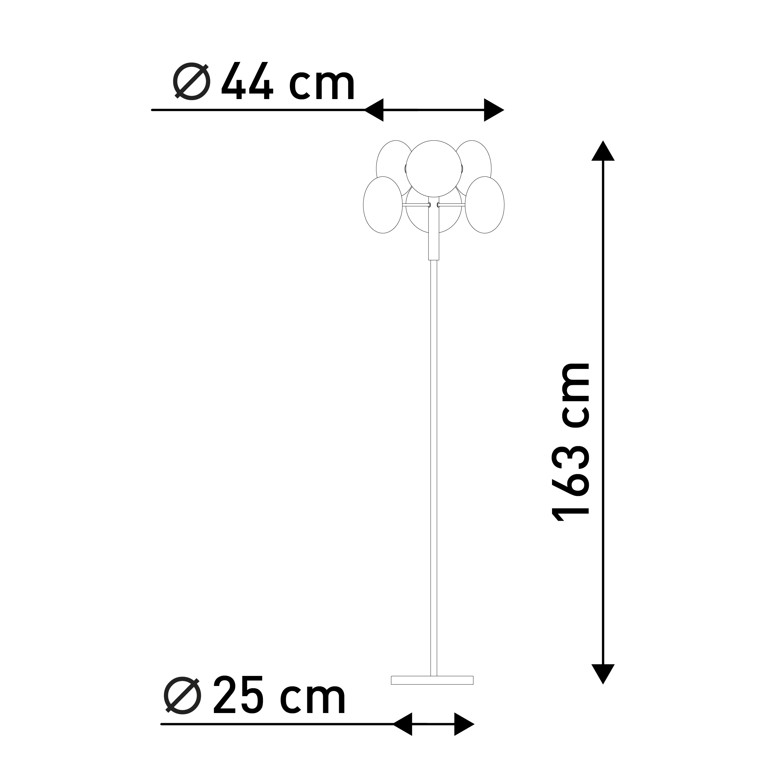 Strichzeichnung einer Stehlampe mit Abmessungen: Sockel Ø25cm, Kopf Ø44cm, Höhe 163cm.