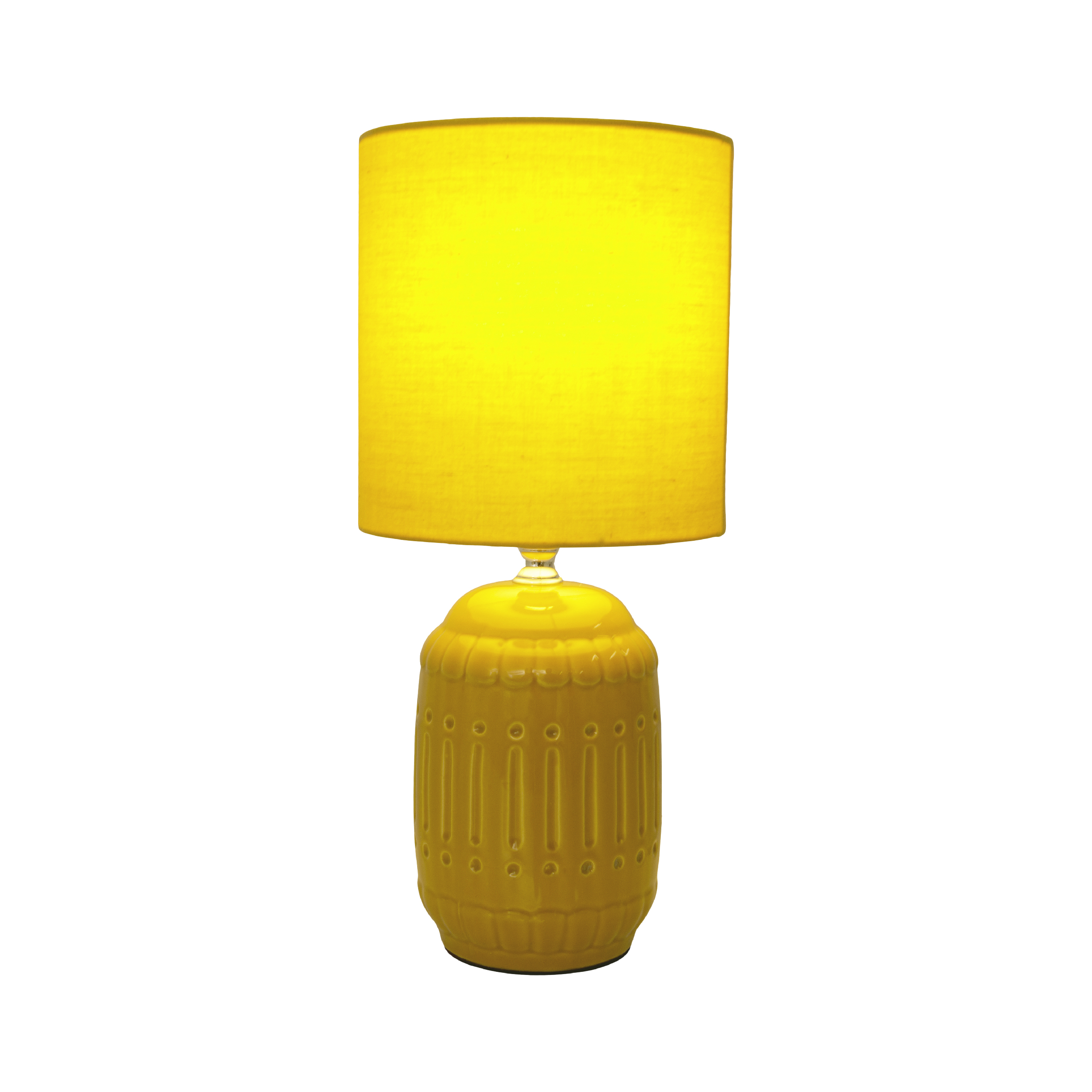 Gelbe Tischlampe mit gelbem Lampenschirm. Weißer Hintergrund.