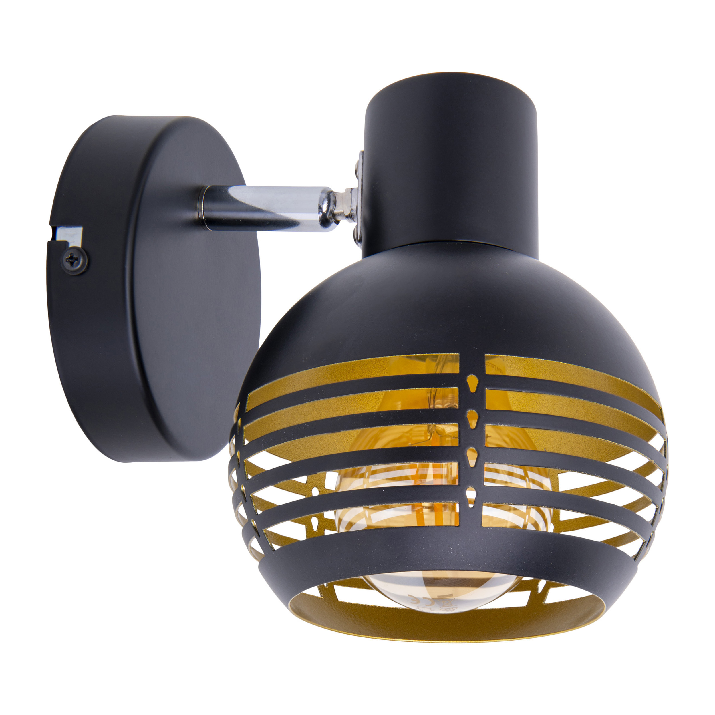 Schwarze Wandleuchte mit Gold-Innenraum und Chromarm, isoliert auf weißem Hintergrund.