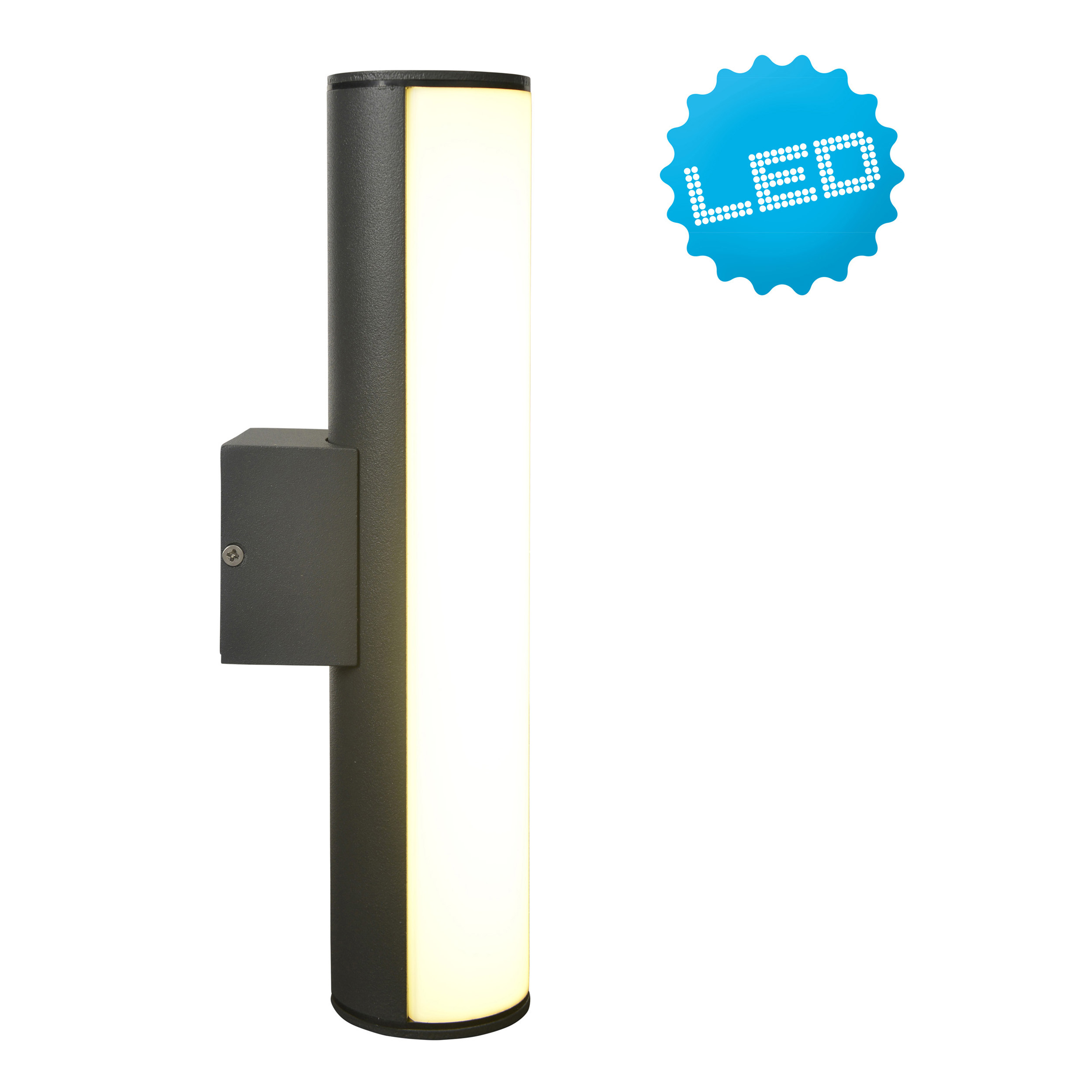 Eine schwarz-graue Außenleuchte mit einem LED-Aufkleber. Sie hat eine rechteckige Form.