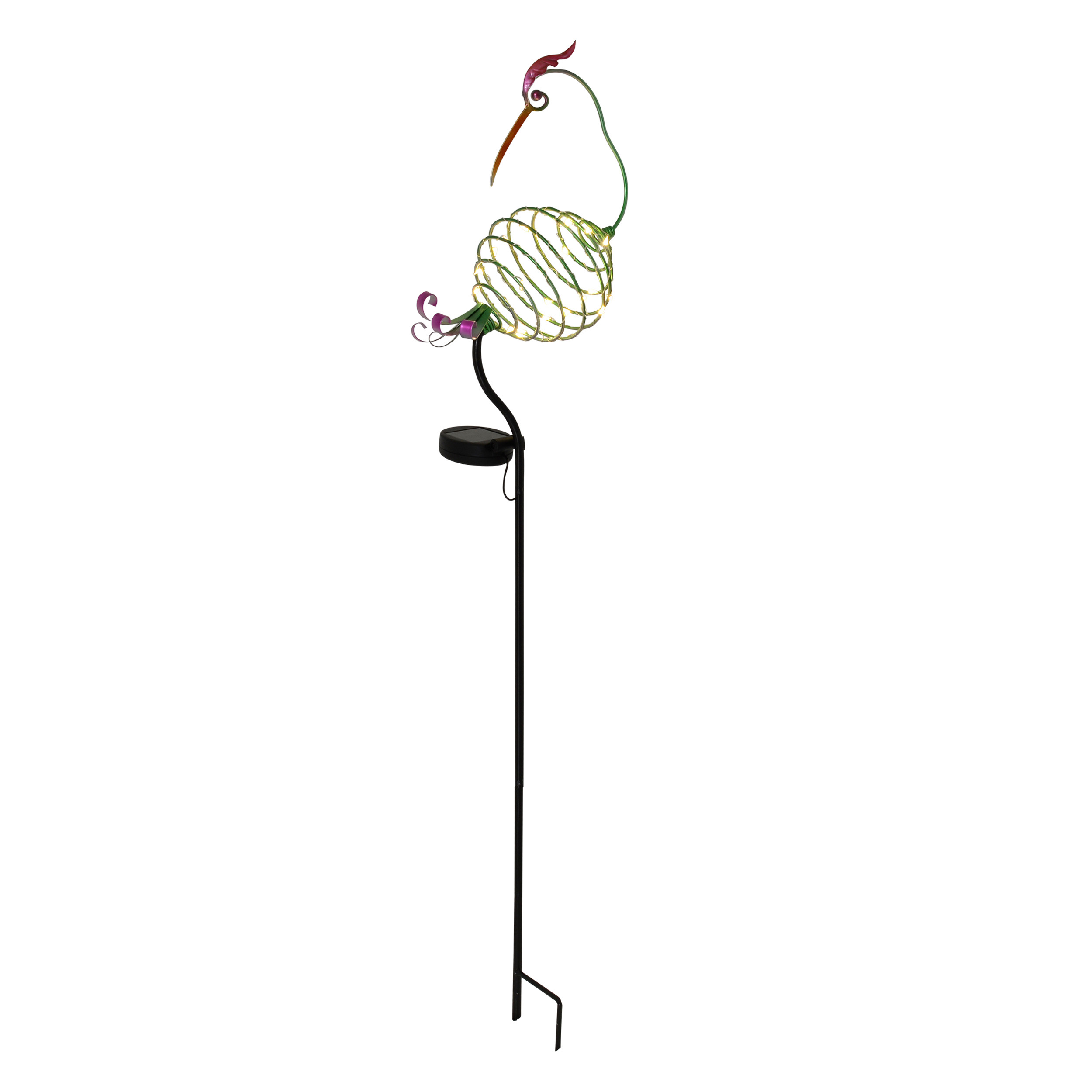 Dekorative Gartenpfahllampe mit Kolibri-Design, auf weißem Hintergrund.