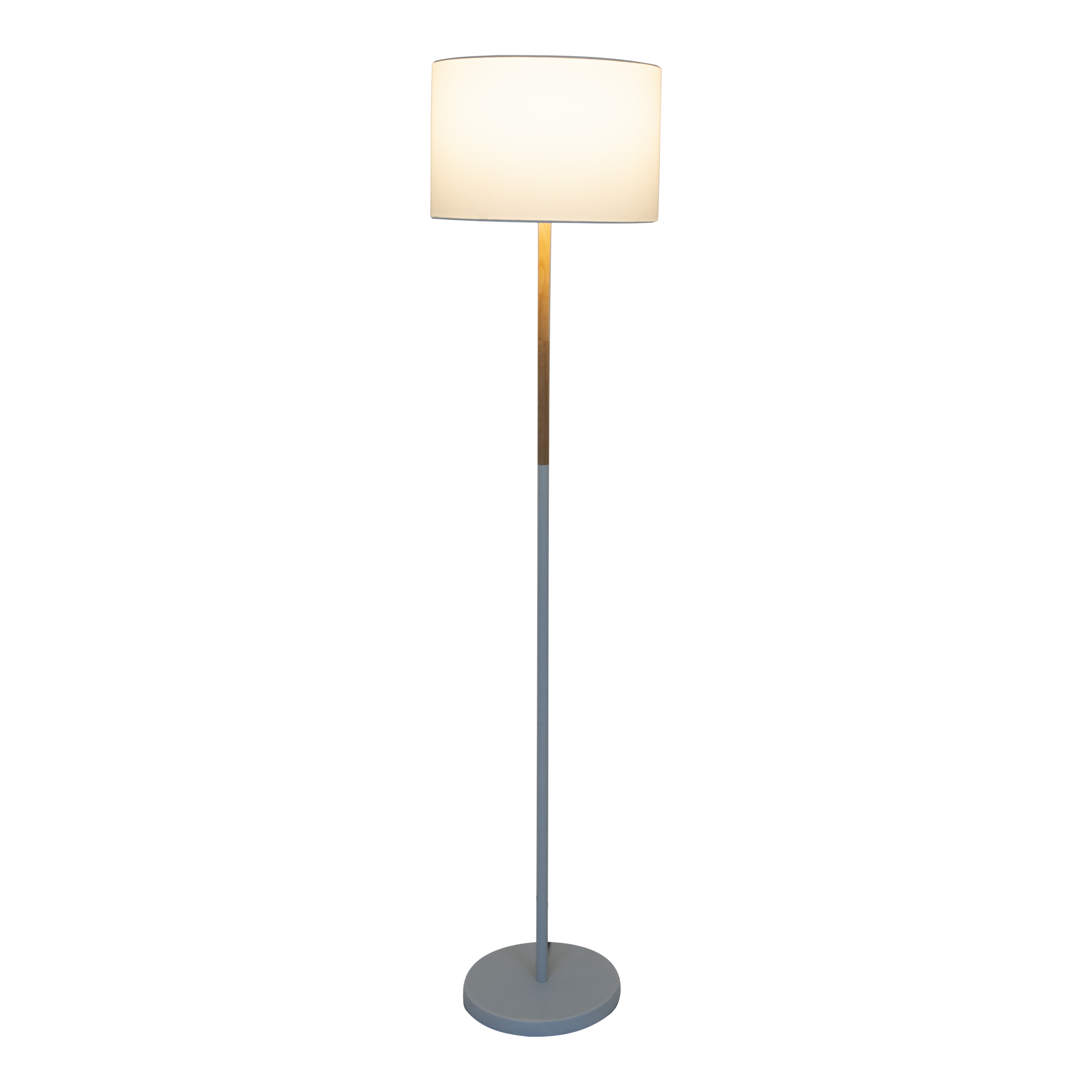 Un lampadaire avec un abat-jour blanc, une section en bois et une base et un poteau gris.