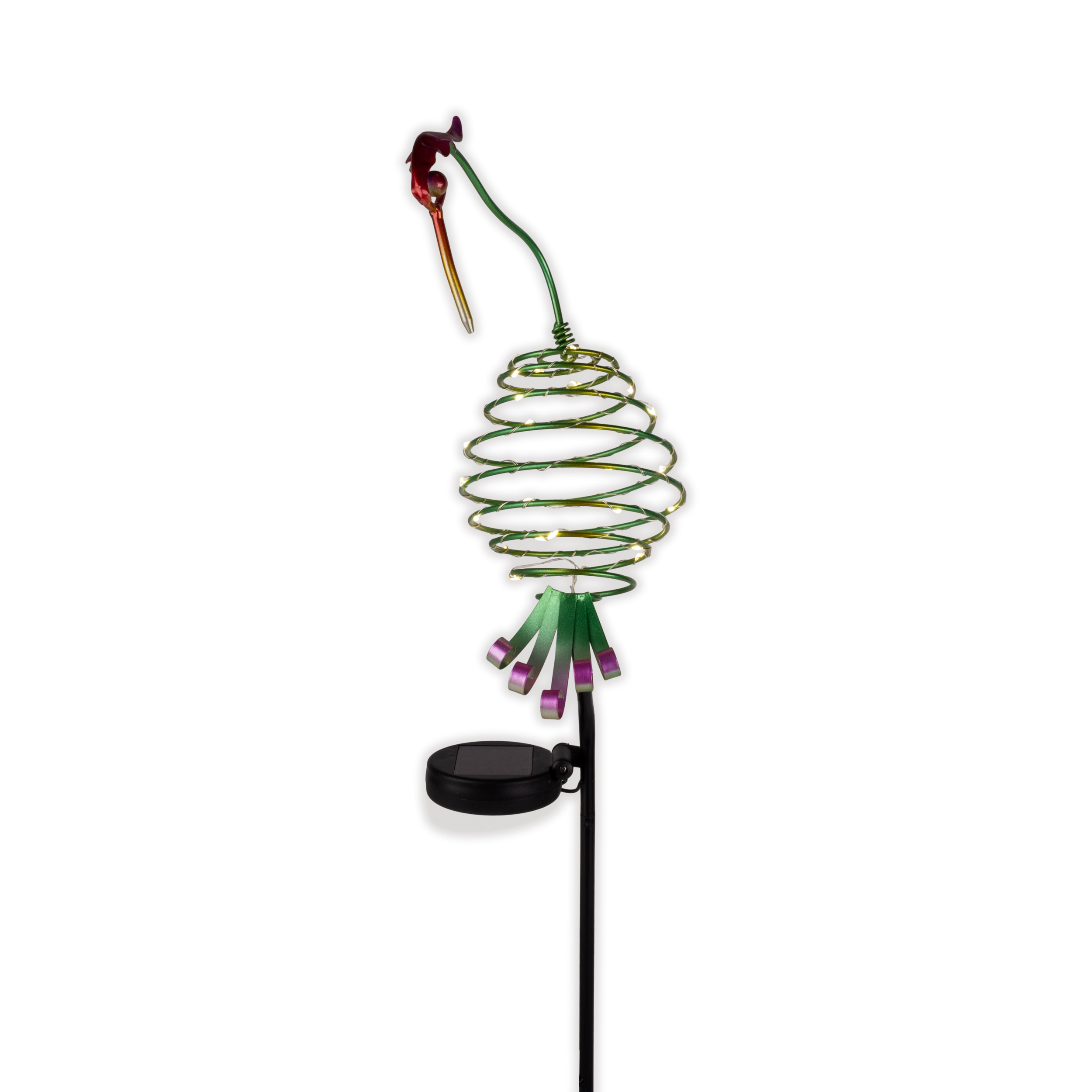 Ein Metall-Kolibri-Gartenstecker mit grüner Spirale und Solarpanel.
