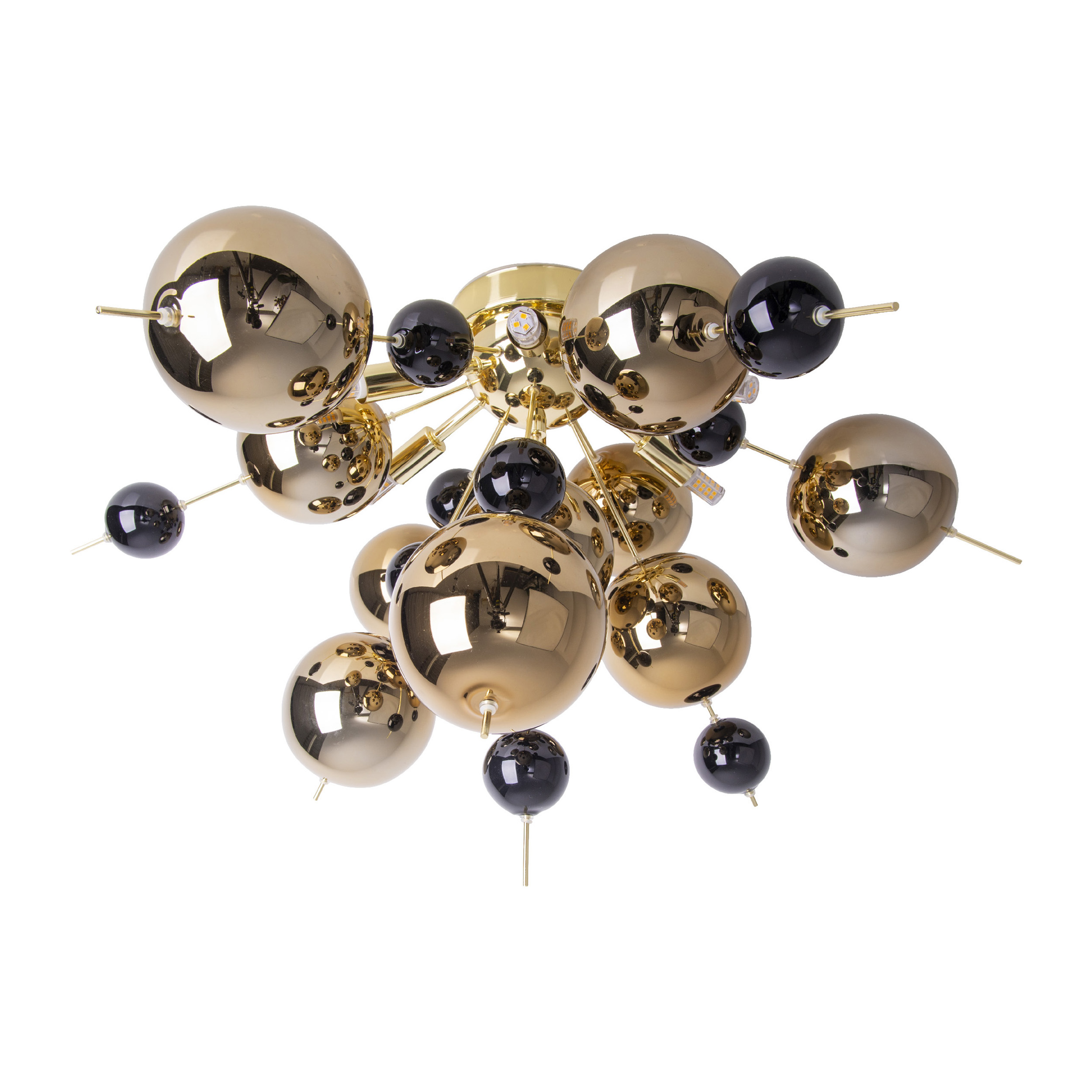 Plafonnier avec des sphères dorées et noires. Le design est moderne et artistique.