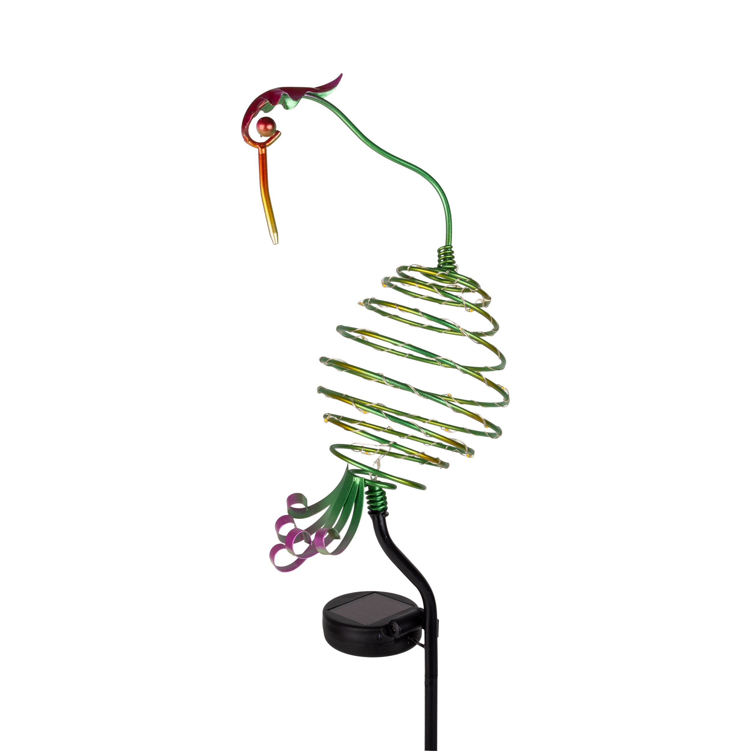 Dekorative Gartenpfahllampe mit Kolibri-Design, auf weißem Hintergrund.