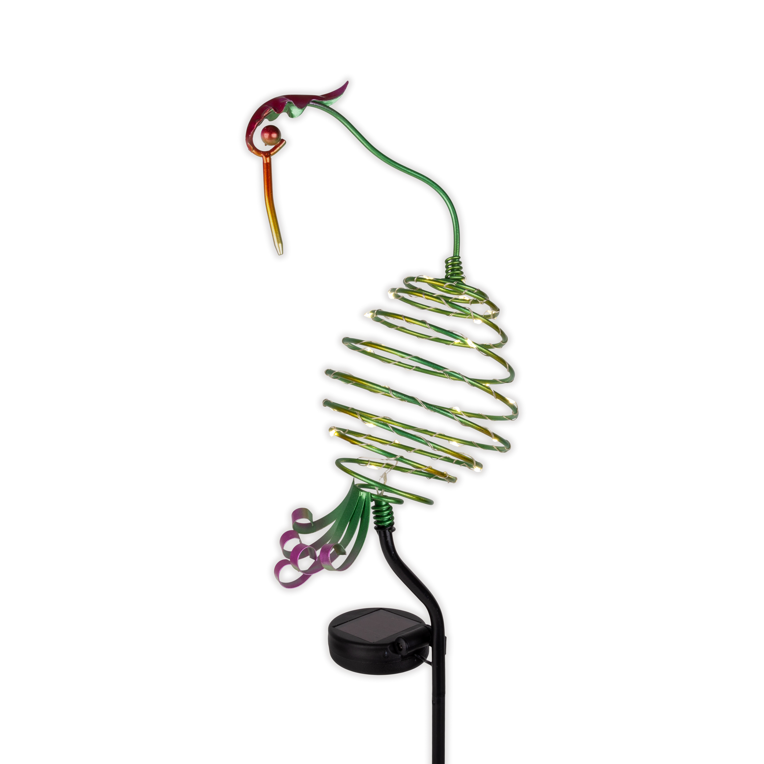 Solar-Kolibri-Gartenstecker, grün und lila, mit LED-Leuchten.