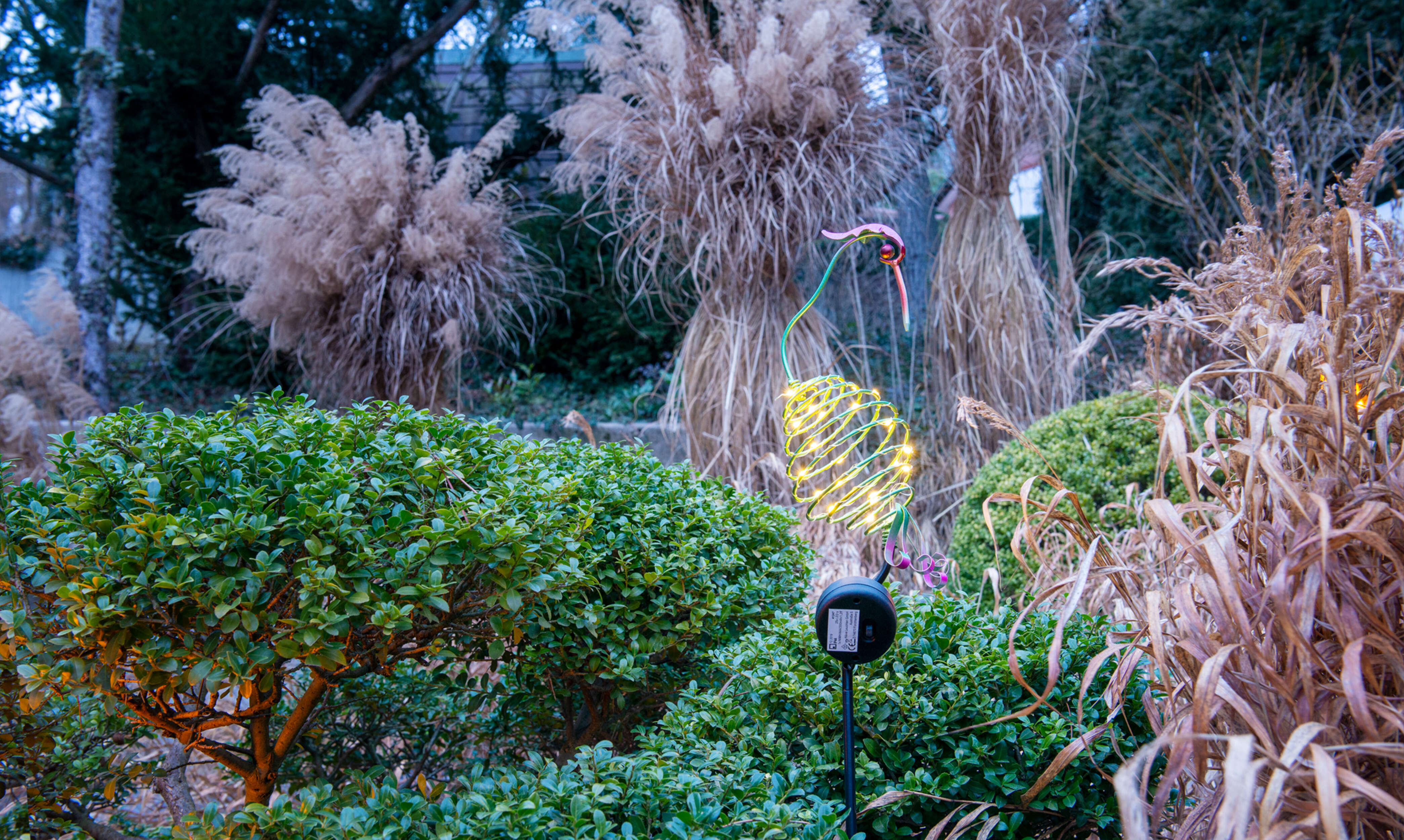 Eine Gartenszene mit einem Kolibri-Stecker, grünen Büschen und hohem, trockenem Gras.