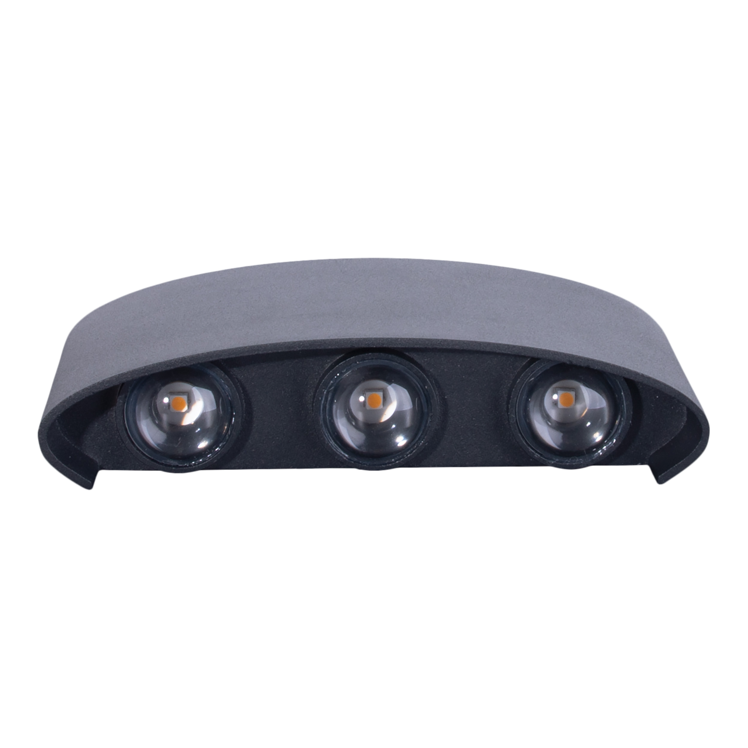 Schwarze LED-Außenleuchte mit drei Lichtern, weißer Hintergrund, horizontale Ansicht.