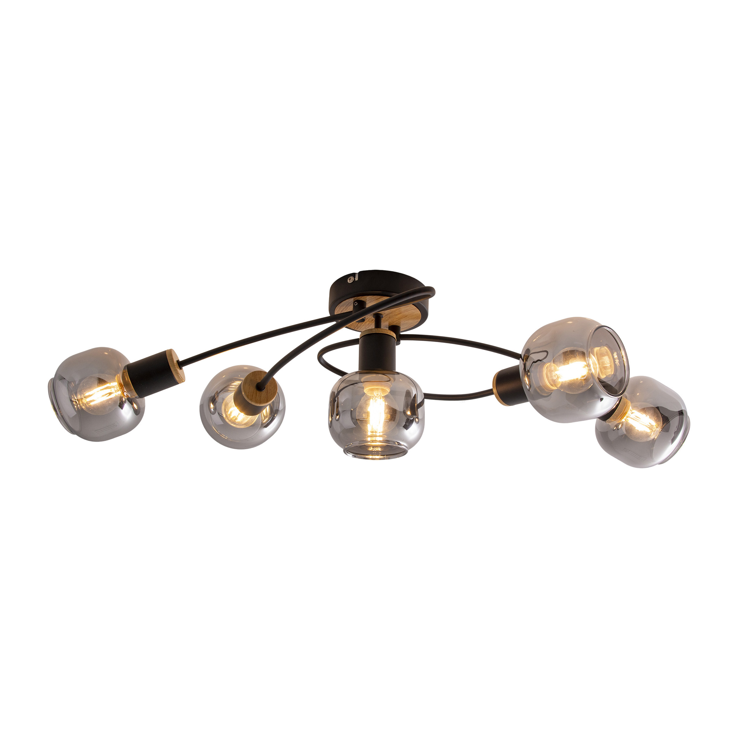 Plafonnier avec cinq ampoules en verre, cadre noir. Fond blanc.