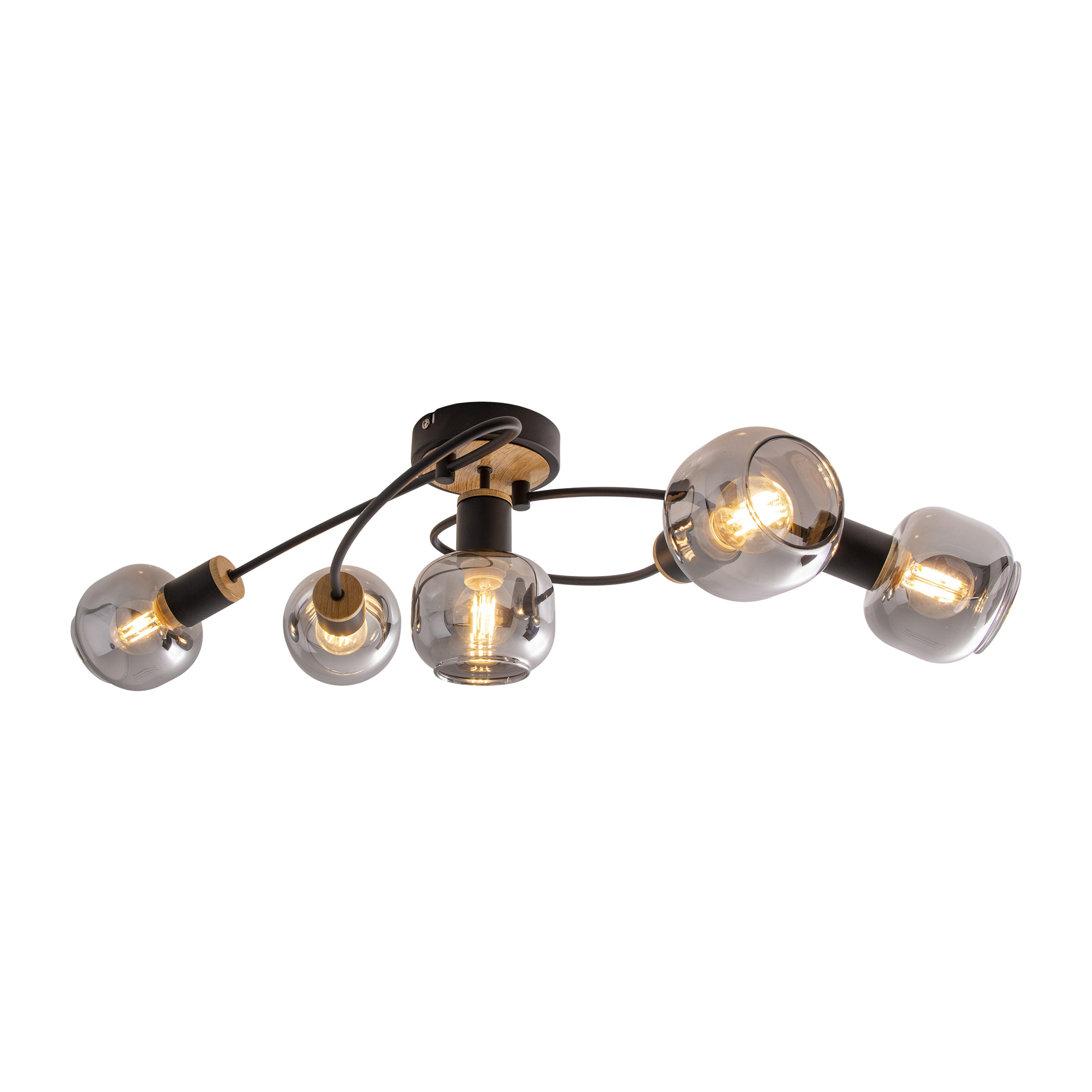 Luminaire de plafond avec cinq ampoules en ligne horizontale, avec un cadre noir et des accents en bois.