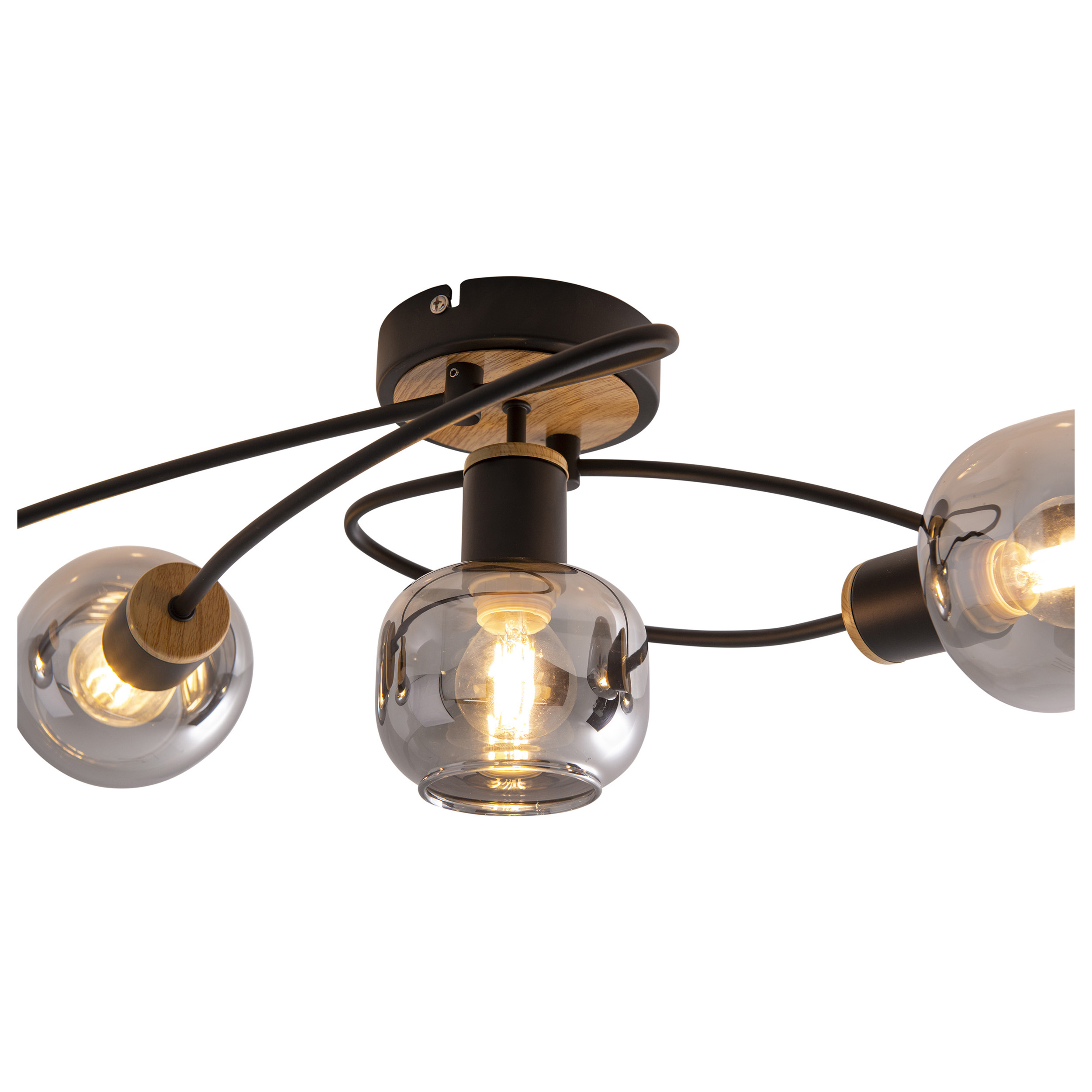 Plafonnier avec 3 globes en verre avec lumières. Le luminaire est noir avec des accents en bois.