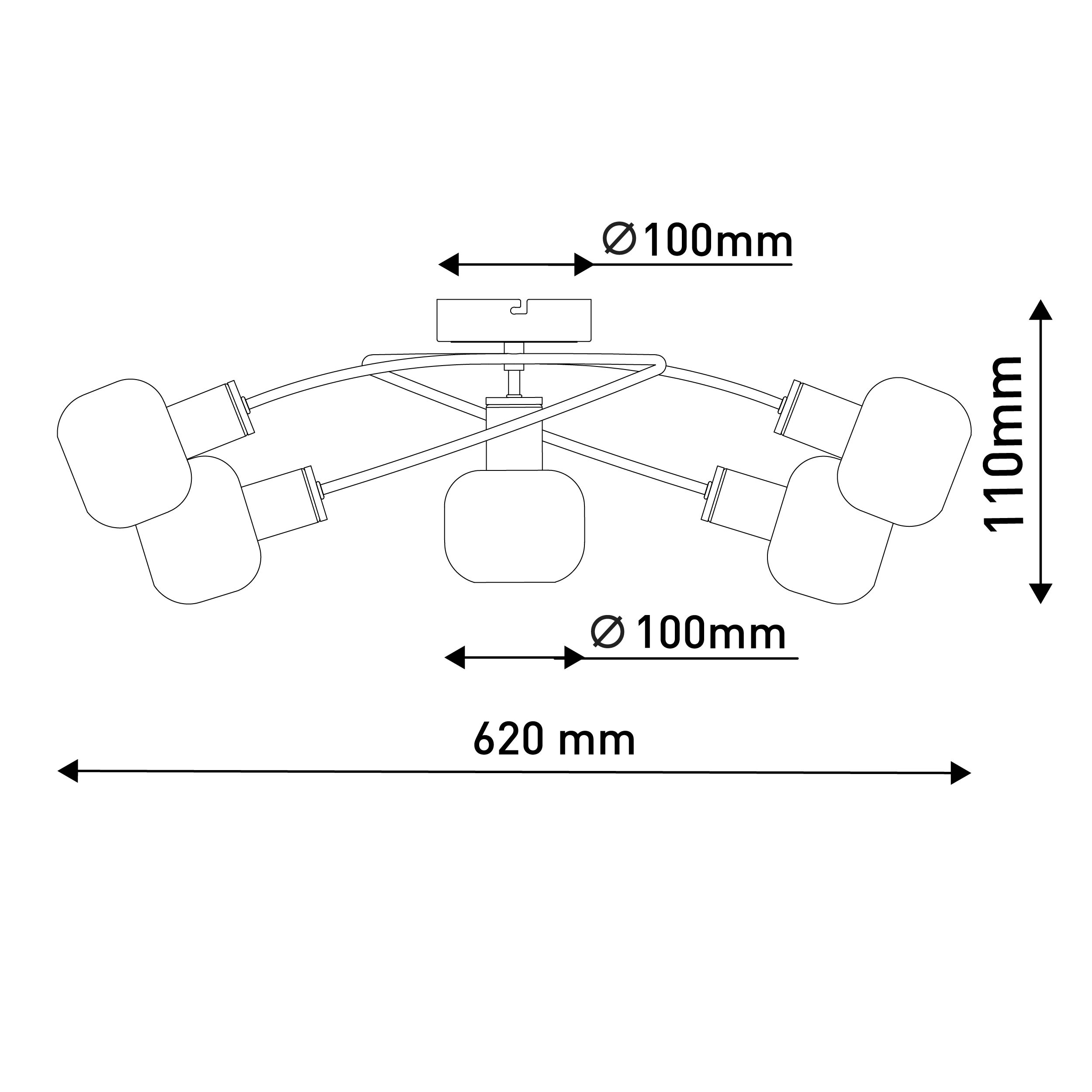 Diagramm einer Deckenleuchte mit den Maßen: 620 mm breit, 110 mm hoch und 100 mm Durchmesser.