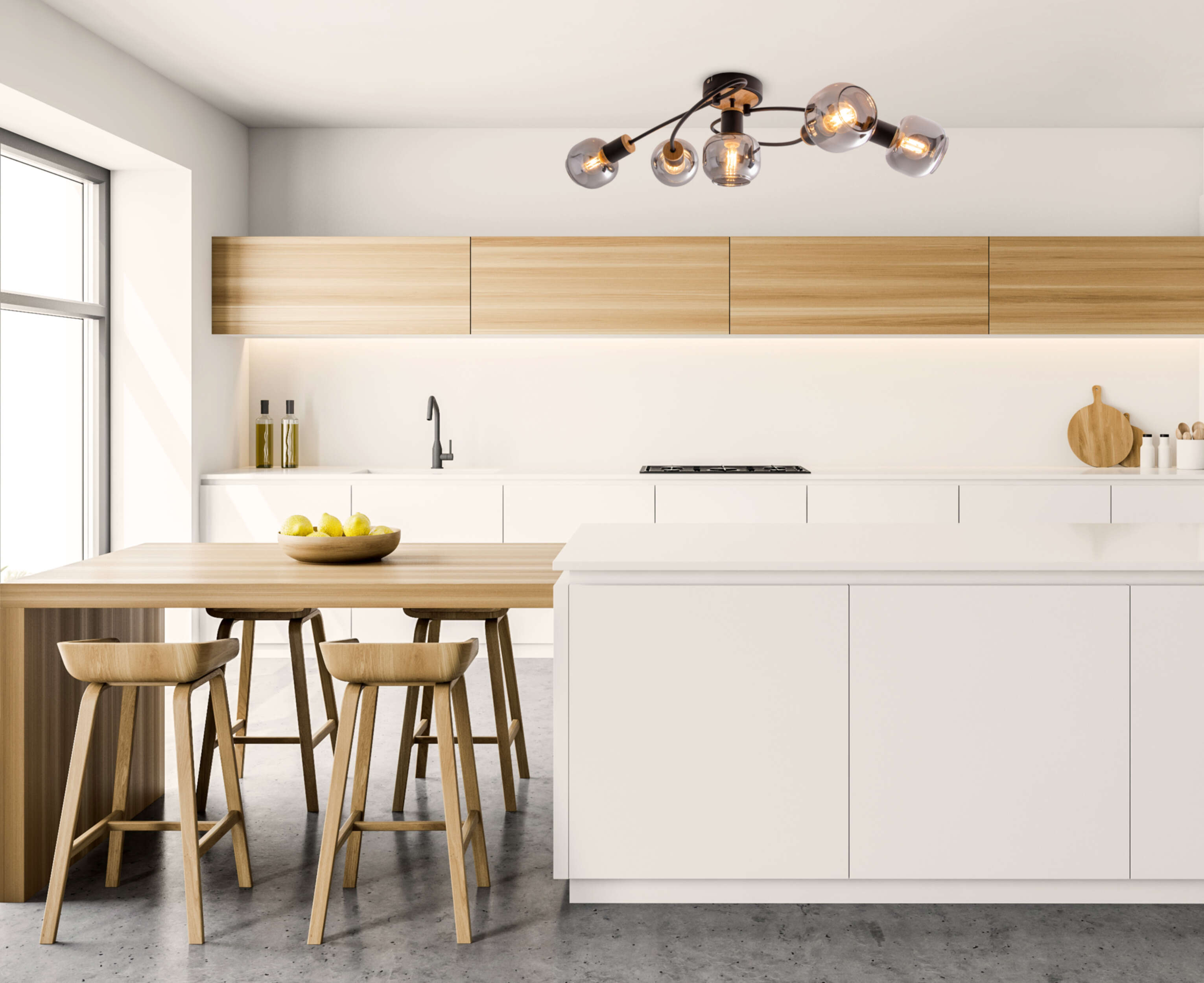 Cuisine avec table en bois, meubles blancs et plafonniers. Design moderne, sol en béton.