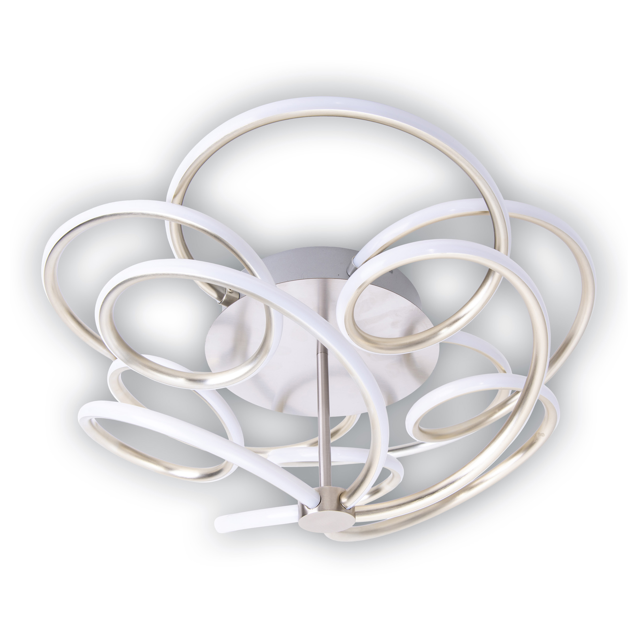 Moderne Deckenlampe mit silbernem Sockel und weißen, geschwungenen Leuchten. Die Leuchte ist an.