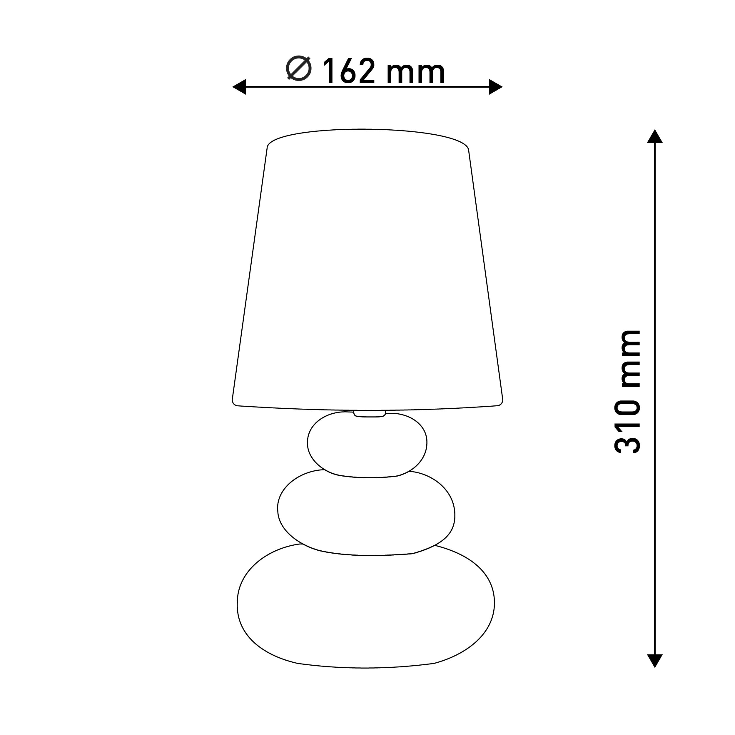 Strichzeichnung einer Lampe mit drei gestapelten, abgerundeten Abschnitten und einem konischen Lampenschirm. Abmessungen sind angegeben.