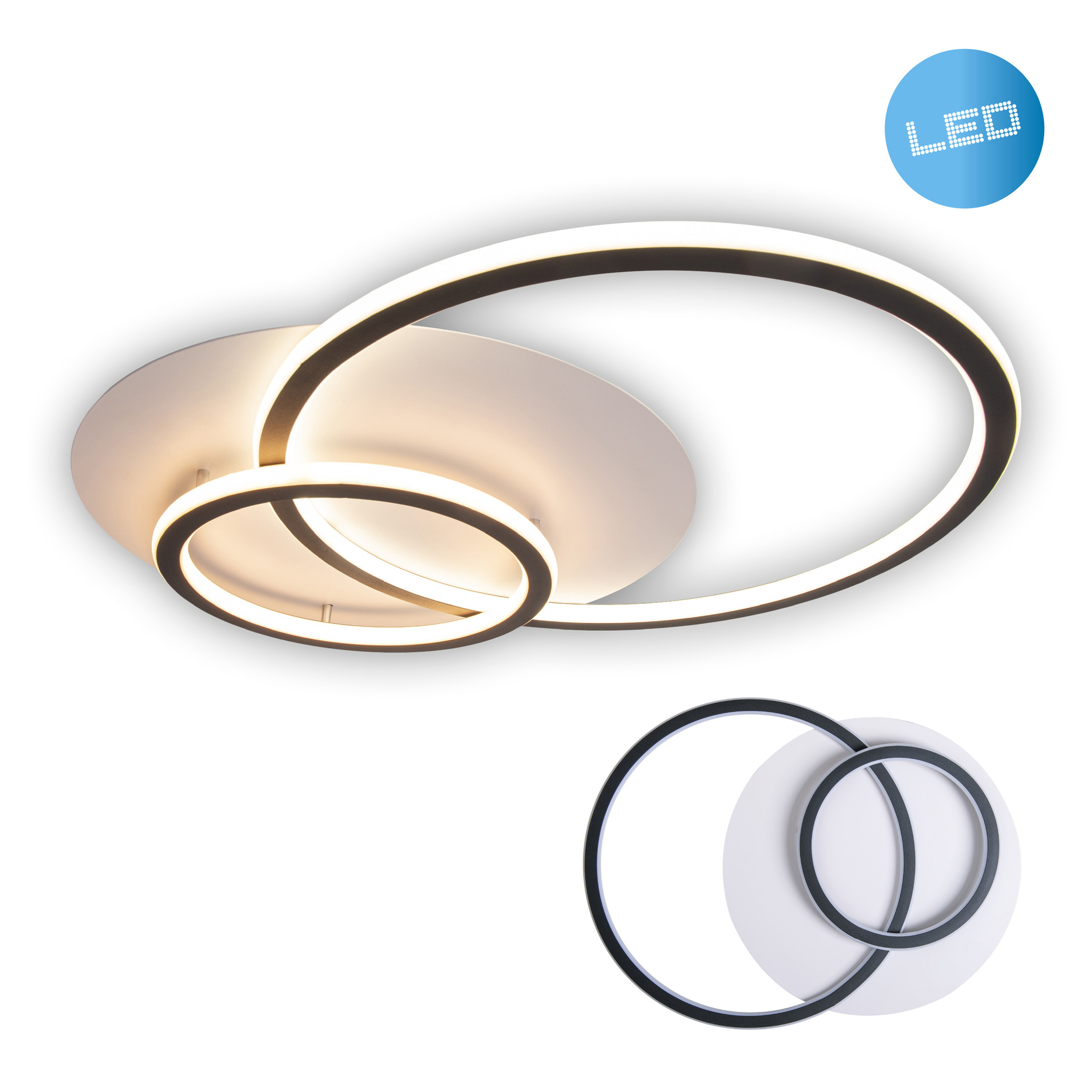 Moderne Deckenleuchte mit zwei sich kreuzenden Ringen, einer davon mit LED-Zeichen.