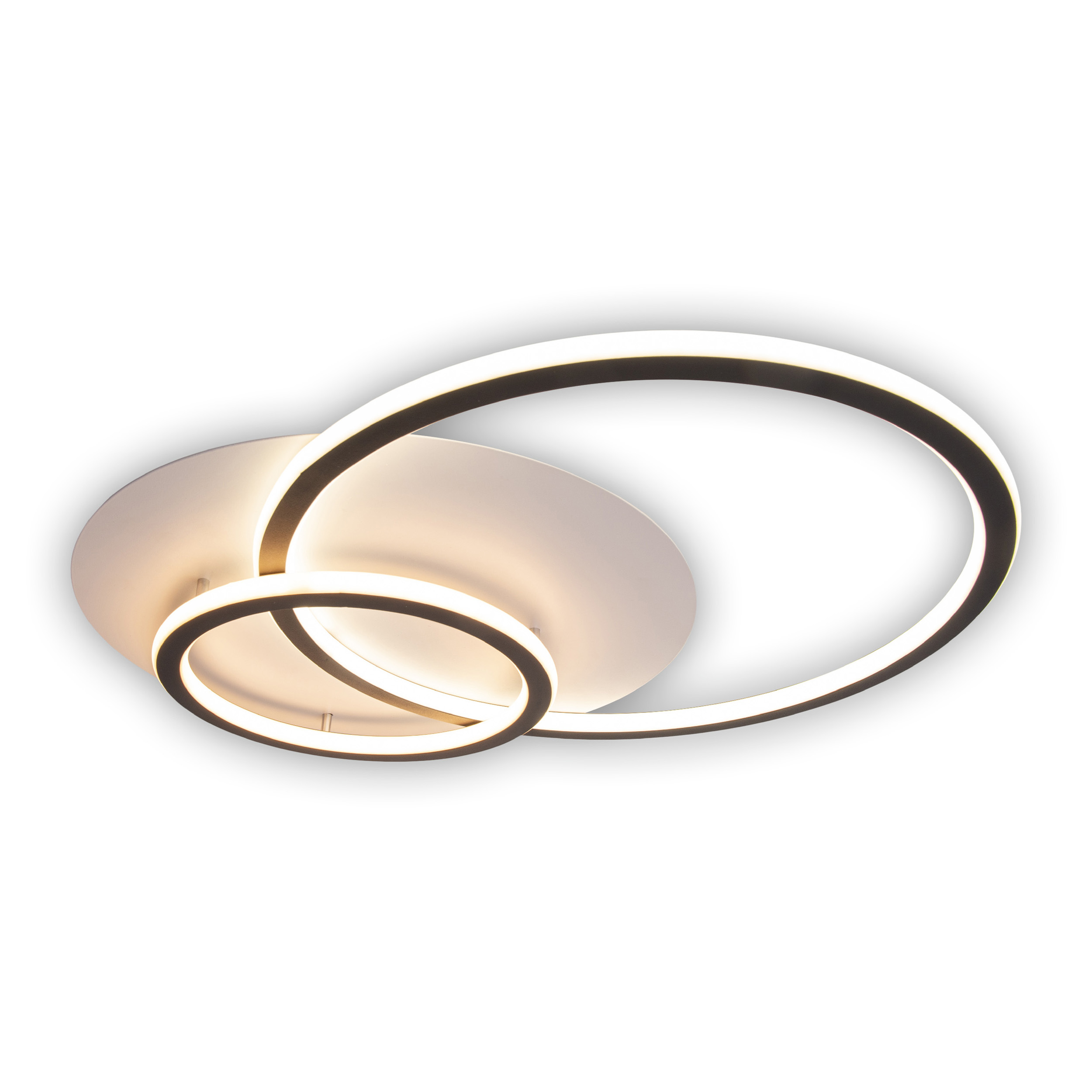 Moderne Deckenlampe. Zwei verbundene Ringe mit weißen und schwarzen Akzenten sichtbar.