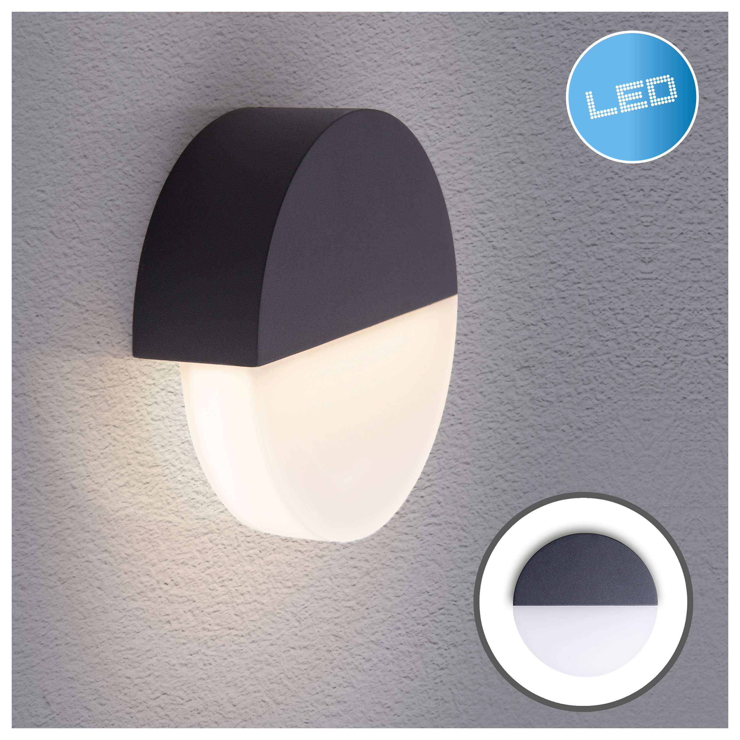 Schwarz-weiße Wandleuchte, Halbkreis-Design, mit LED-Licht und kreisförmigem Detail.