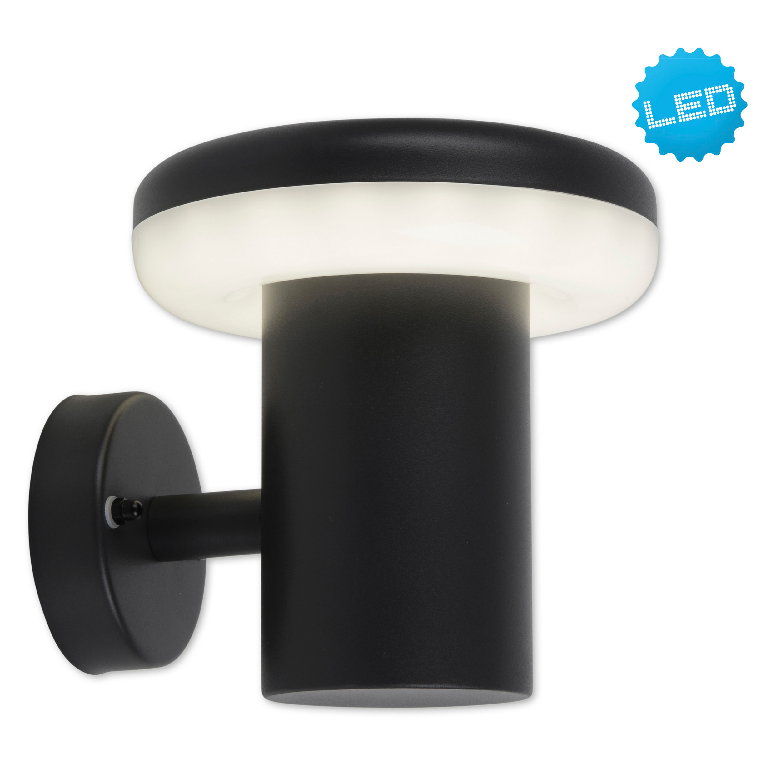 Eine schwarze Außenwandleuchte mit weißer Lichtaustrittsfläche. Ein LED-Symbol ist vorhanden.