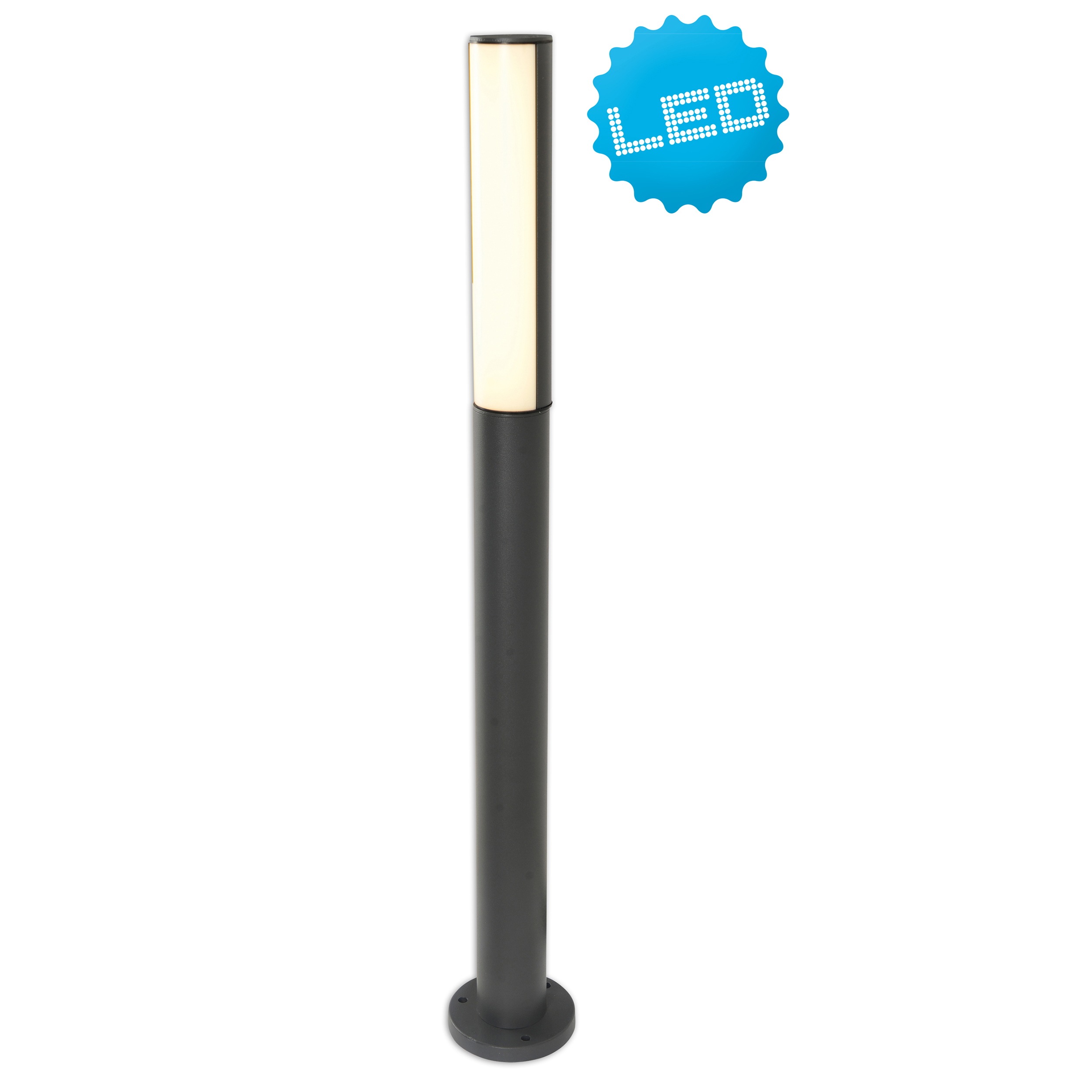 Eine schwarze LED-Außenleuchte auf weißem Hintergrund, mit blauem LED-Abzeichen.