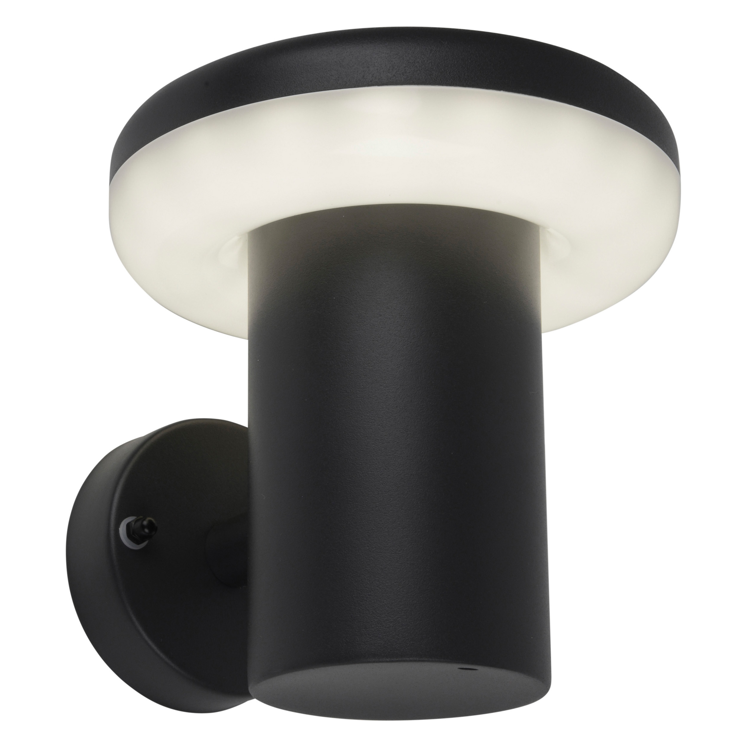 Eine schwarze Wandleuchte mit weißem Licht. Weißer Hintergrund.