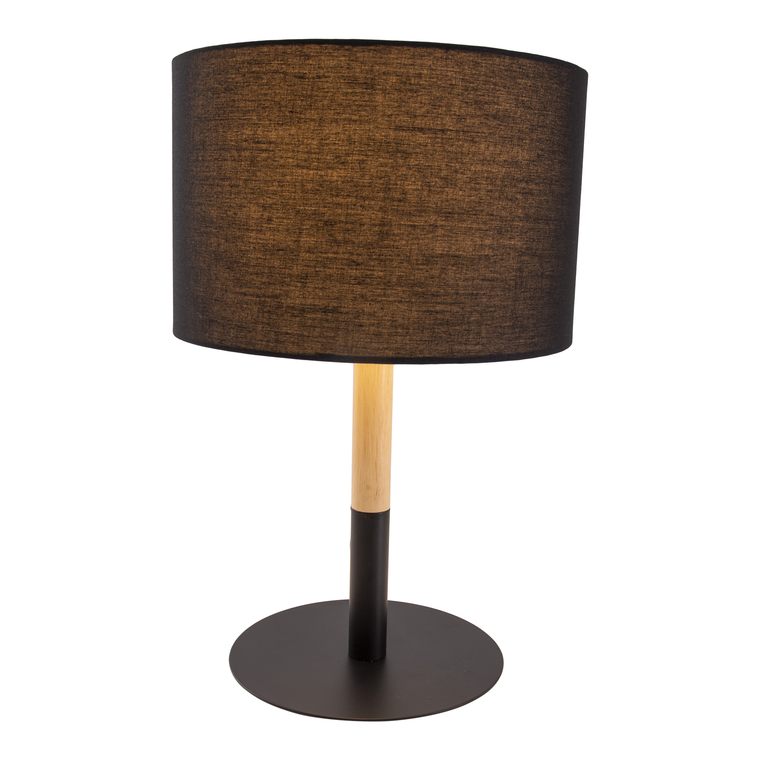 Eine schwarze Lampe mit schwarzem Lampenschirm und Holzfuß.
