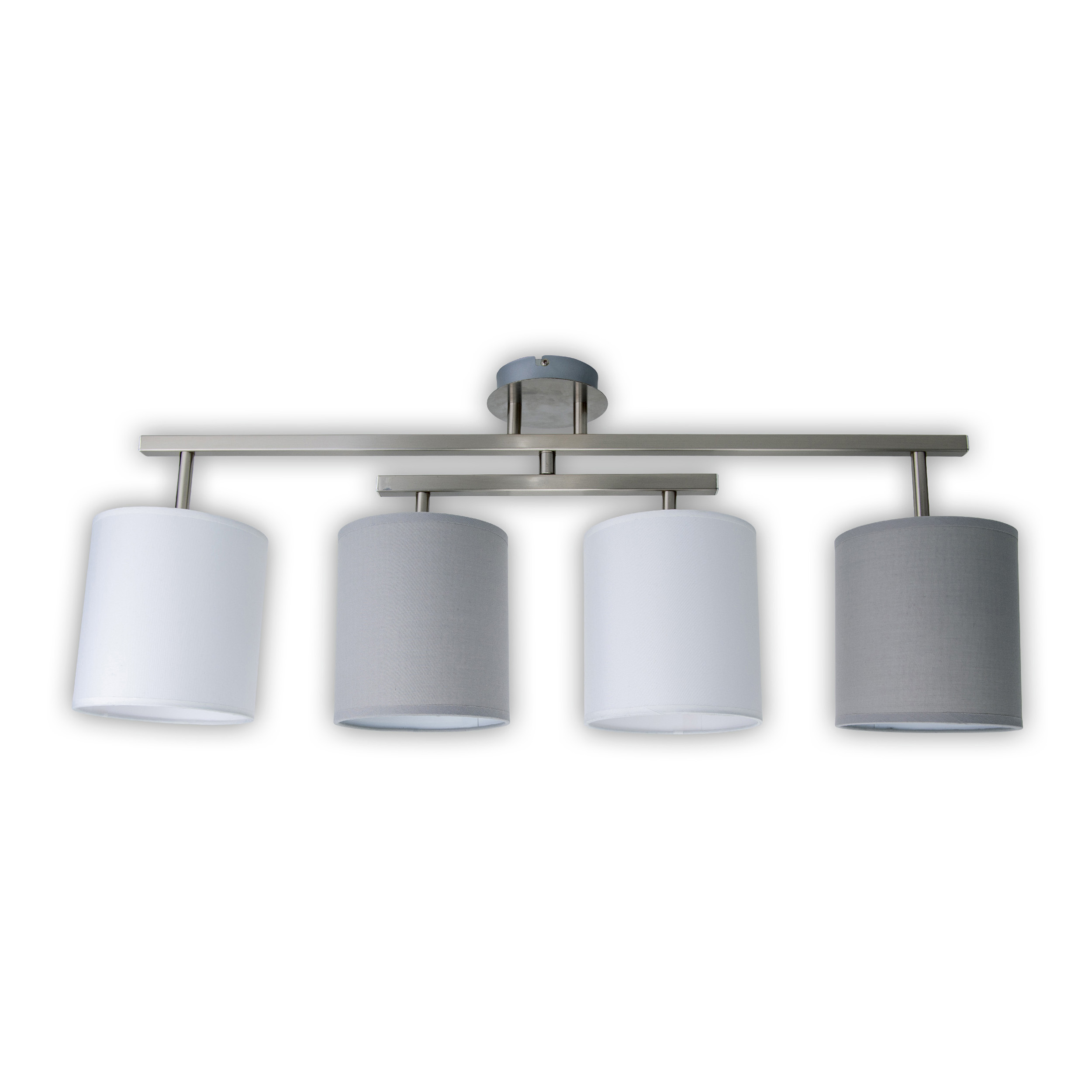 Eine Lampe mit vier Lampenschirmen, zwei weißen und zwei grauen, die an einer silbernen Stange befestigt sind.