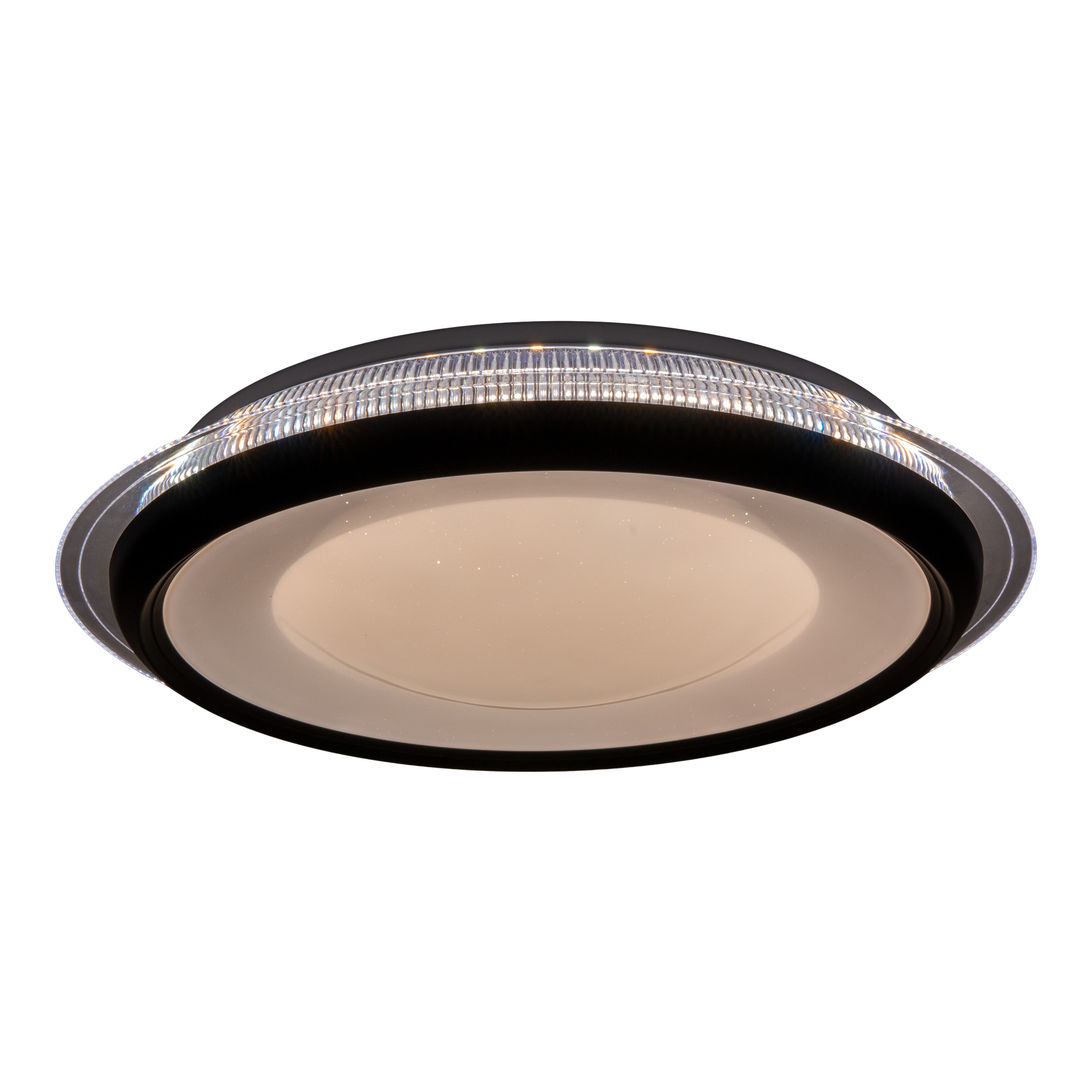 Runde schwarze Deckenleuchte mit weißem Mittelteil und LED-Leuchten. Weißer Hintergrund.
