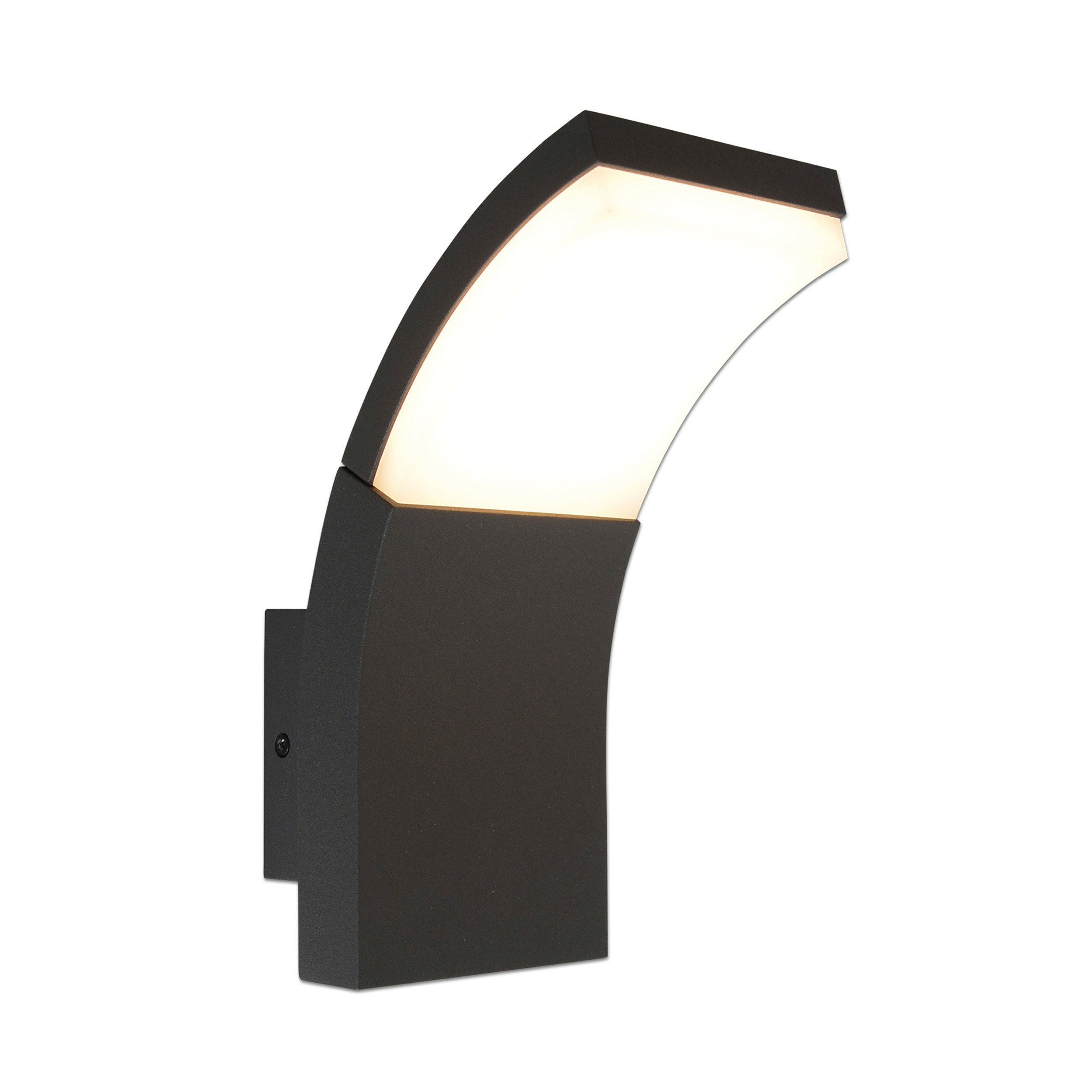 Eine schwarze Außenwandleuchte mit geschwungenem Design, die Licht emittiert.