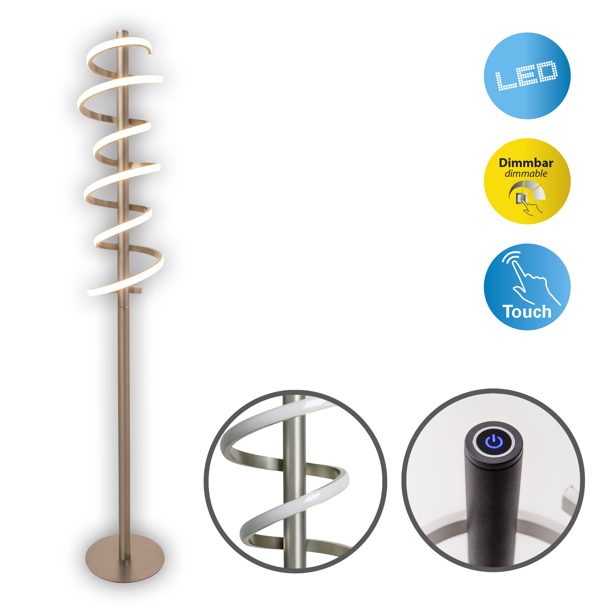 Moderne Stehlampe, weißes Licht, Spiraldesign, Touch-Steuerung, weißer Hintergrund.
