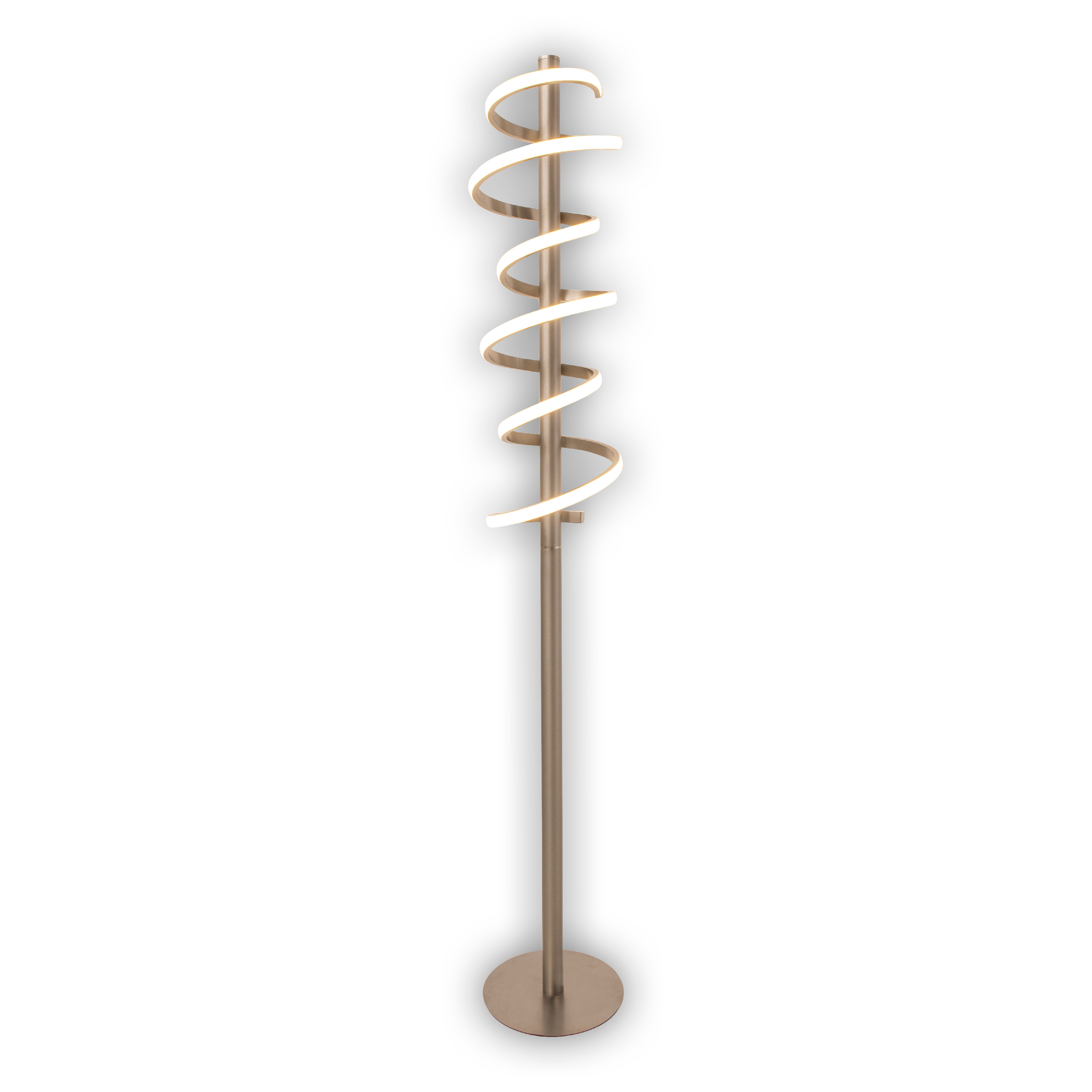 Eine hohe, spiralförmige Stehlampe mit Bronzefinish. Das Licht windet sich mit einem weißen Schein nach oben.