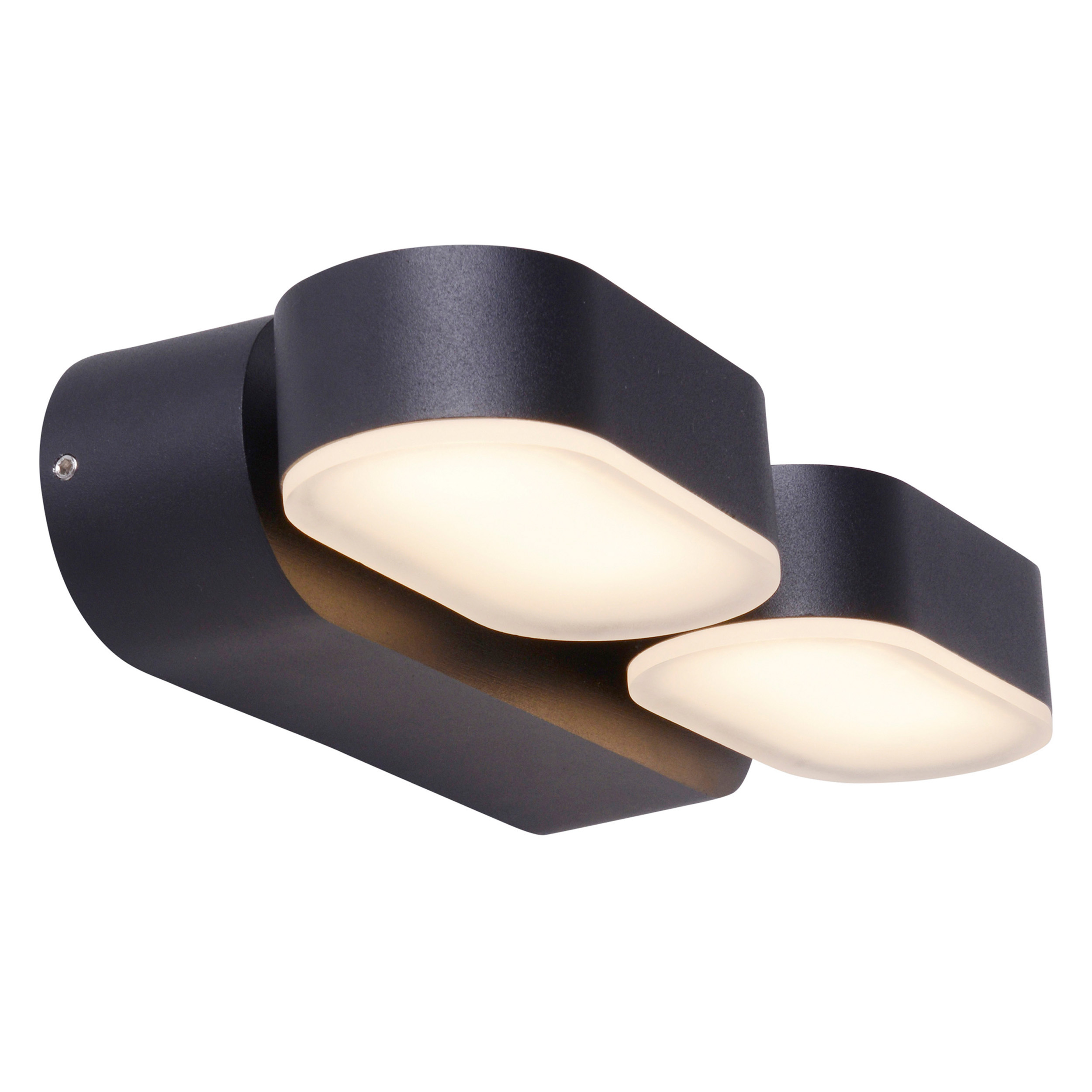 Schwarze Wandleuchte mit zwei ovalförmigen Lichtern, die ein warmes, weiches Leuchten ausstrahlen.